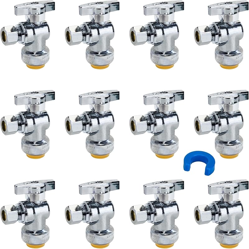 12-Pack Angle Stop Valve, Water Shut Off Valve 1/2" x 3/8" Comp | 1/4 Turn, Brass, Push-to-Connect Fittings, for Pex Pipe, Copper, CPVC, with 1 Disconnect Clip