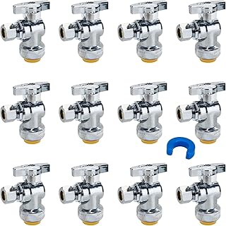 SUNGATOR 12-Pack Angle Stop Valve, Angle Water Shut Off Valve 1/2 x 3/8 Inch Compression, Toilet Water Shutoff, 1/4 Turn, No Lead Brass Push-to-Connect Plumbing Fittings for PEX Pipe, Copper, CPVC
