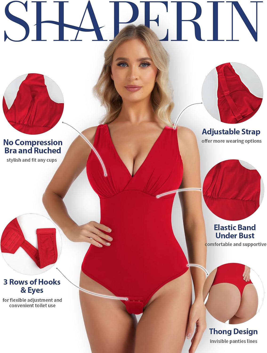 SHAPERIN Shapewear Bodysuits for Women Tummy Control Body Suits Sexy Deep V Neck Thong Body Shaper