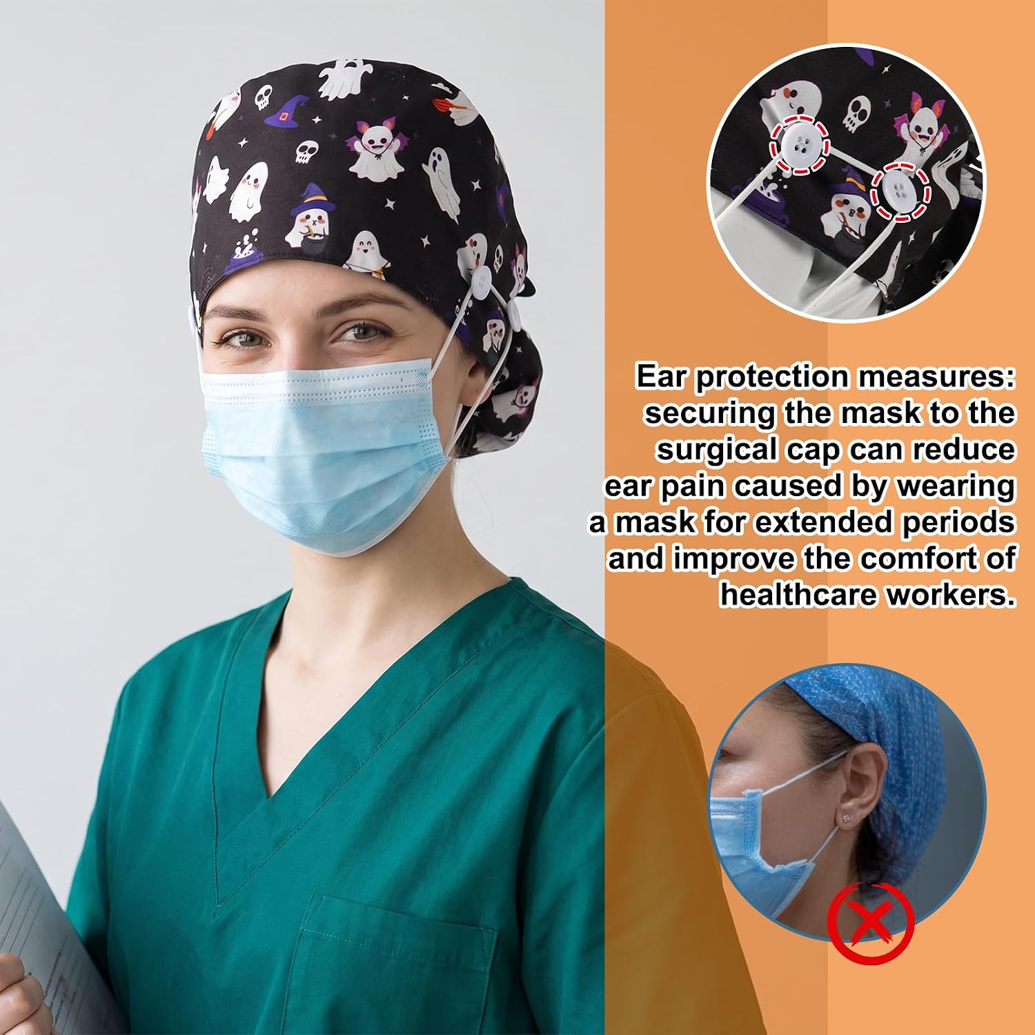 6 Pcs Satin Lined Scrub Caps Women Holiday Halloween Nurse Surgical Hats