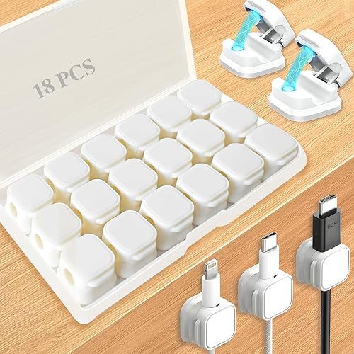Miniatura 9 de Paquete de 18 organizadores de cable con soporte, clips magnéticos para gestión de cables, soporte de carga USB para teléfono con adhesivo fácil,