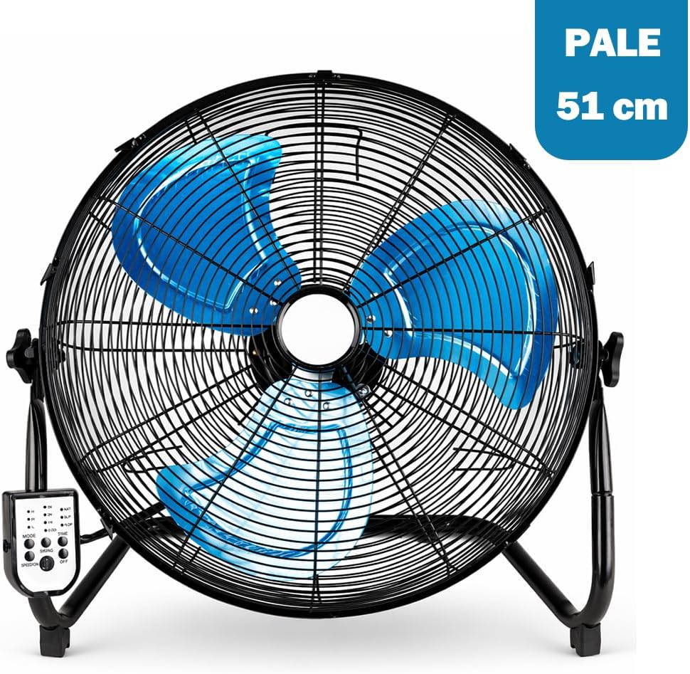 Close-up of BAKAJI Floor Fan blades, showing 51 cm diameter.
