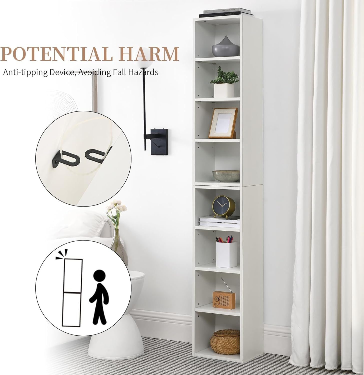 LKTART 8-Tier Tall Narrow Bookcase, Versatile Detachable Bookshelf with Storage Space, Slim Media Tower Rack with Adjustable Shelves for Small Space, Bedroom, Living Room and Office, White