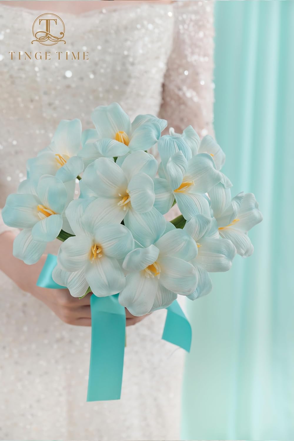 TINGE TIME 10pcs Fake Flowers, 15.3" Blooming Tulips Artificial Flowers, Real Touch Tulips for DIY Indoor Home Wedding Office Kitchen Vase Floral Arrangements (Light Blue)
