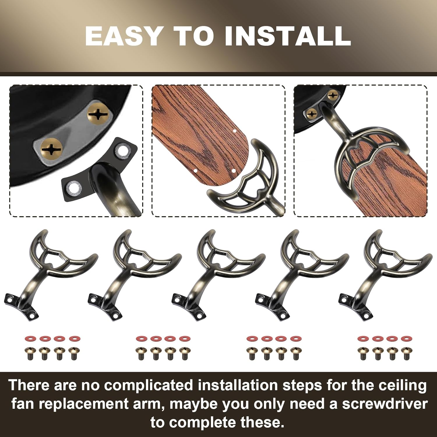 Ceiling Fan Blades Arm 7740200 -Hidden Screw Hole -Antique Brass, for 42-Inch Fan Blade, Mounting hole incompatibility with predecessors. -5 Pcs