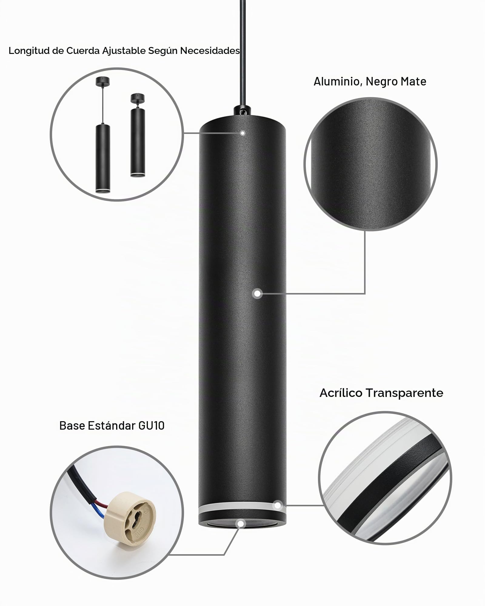 Lámpara Colgante Moderna, Lámpara de techo cilíndrica, Iluminación de Techo vintage con portalámparas de casquillo GU10, Altura Regulable, Luz de Techo Interior para Salon, 30cm, Negro,2 piezas