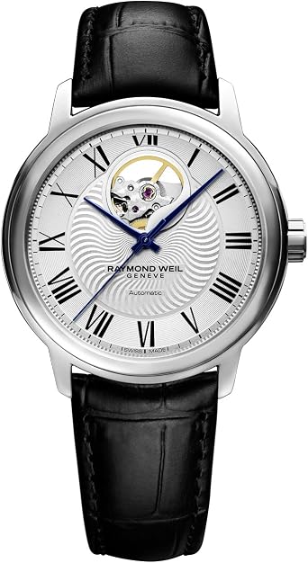 Raymond Weil Mens Maestro Stainless Steel Swiss-Automatic Watch with Leather Calfskin Strap, Black, 20 Model 2227-STC-00659, Silver