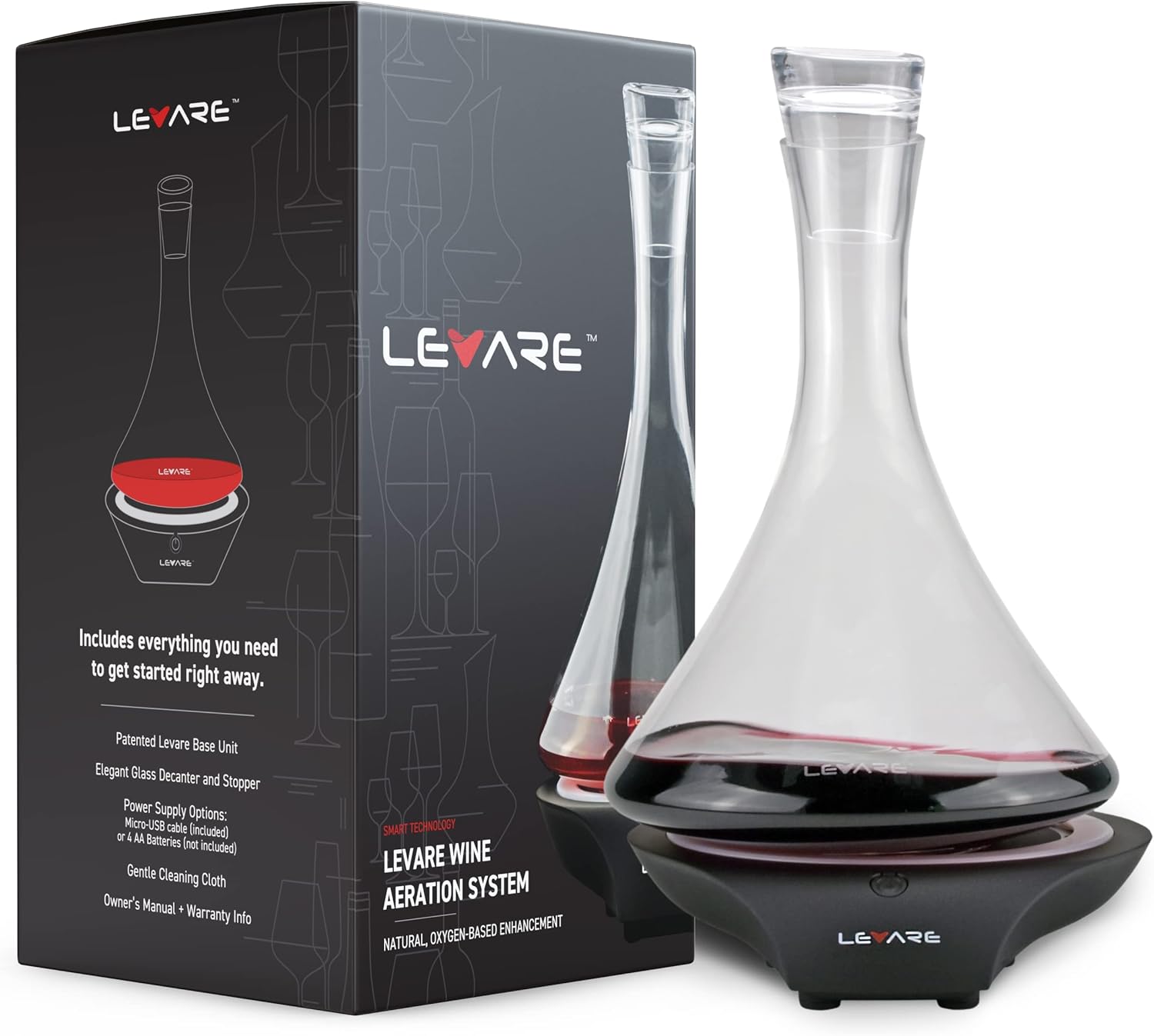 Levare Wine Decanter with Aerator - Durable Crystal Clear Decanter Glass with Stopper & Rotating Electric Wine Aerator System - Ideal Gift for Connoisseurs & Enthusiasts - USB Charging - Piano Black