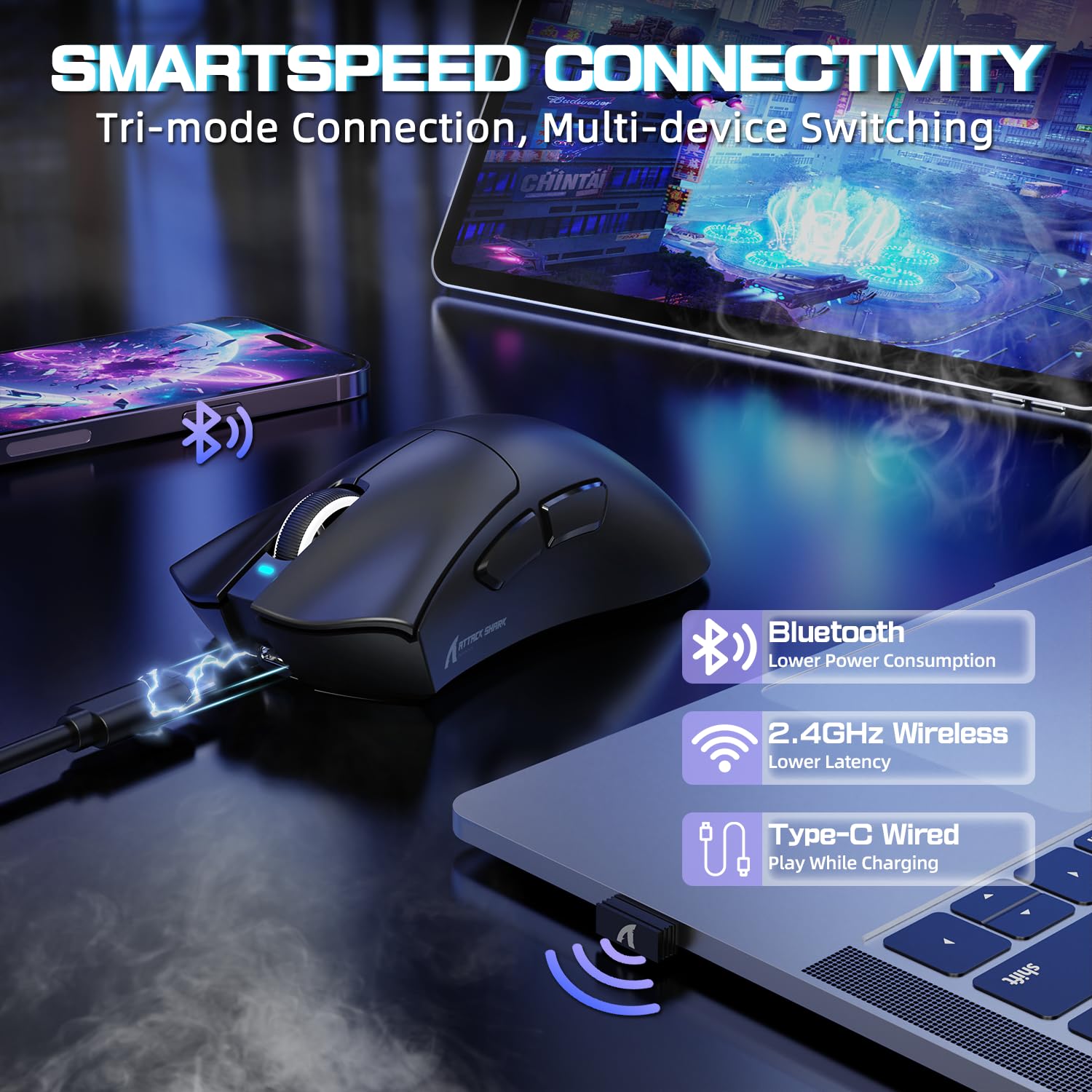 ATTACK SHARK V3PRO Mouse Gaming Senza Fili Con Dock Ricarica Magnetico, PixArt PAW3311, Fino A 25000 DPI, BT/2.4GHz/Filiato, 100M Clic, 500mAh, 65g Ultra-Leggero Per Win11/Xbox/PS/Mac - Nero