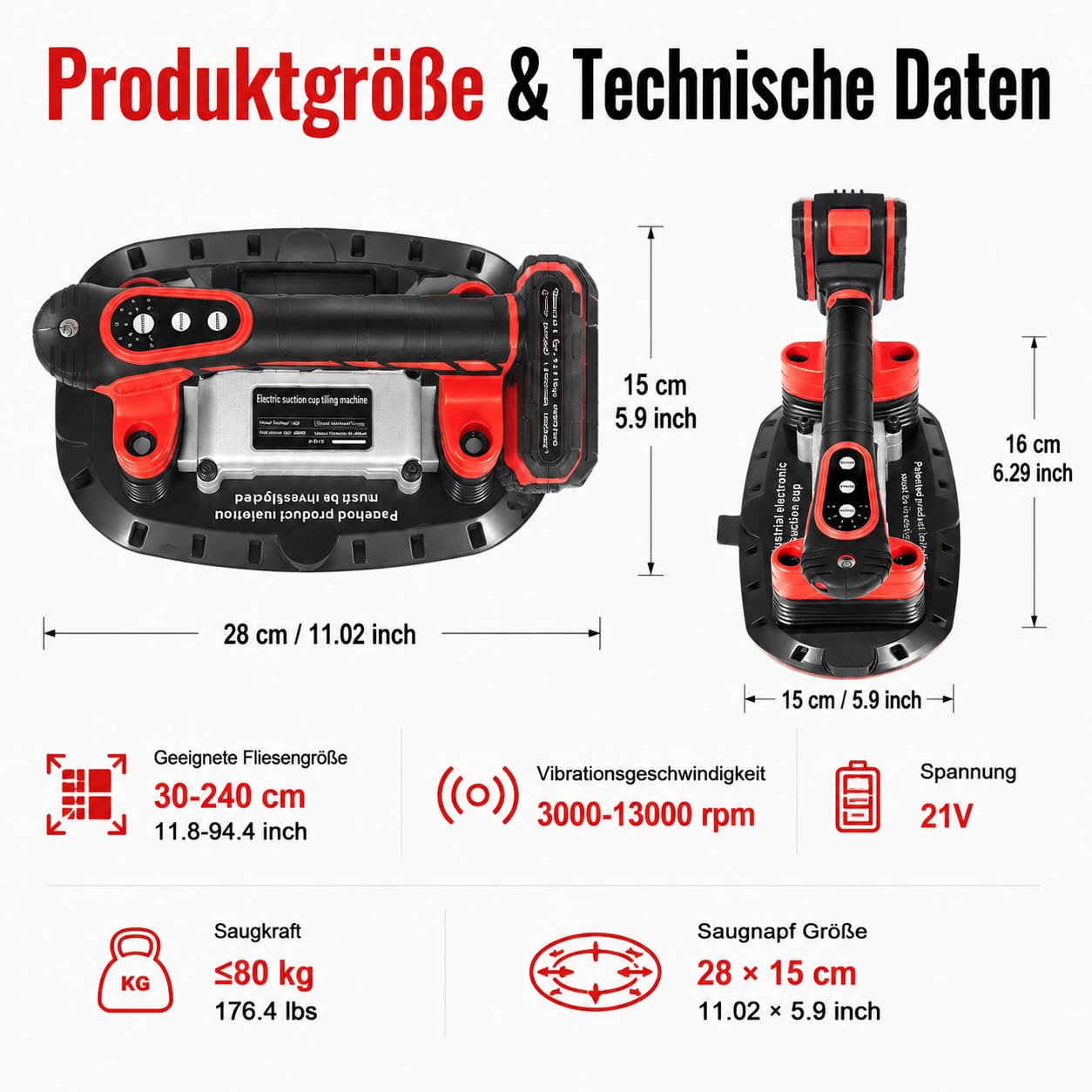 2xLithium Fliesen vibrator 6 Geschwindigkeiten 21V 3000-13000rpm | Batterien Fliesenrüttler mit Gummi-Saugnapf, für präzises Fliesenverlegen in Bad, Küche und Renovierung