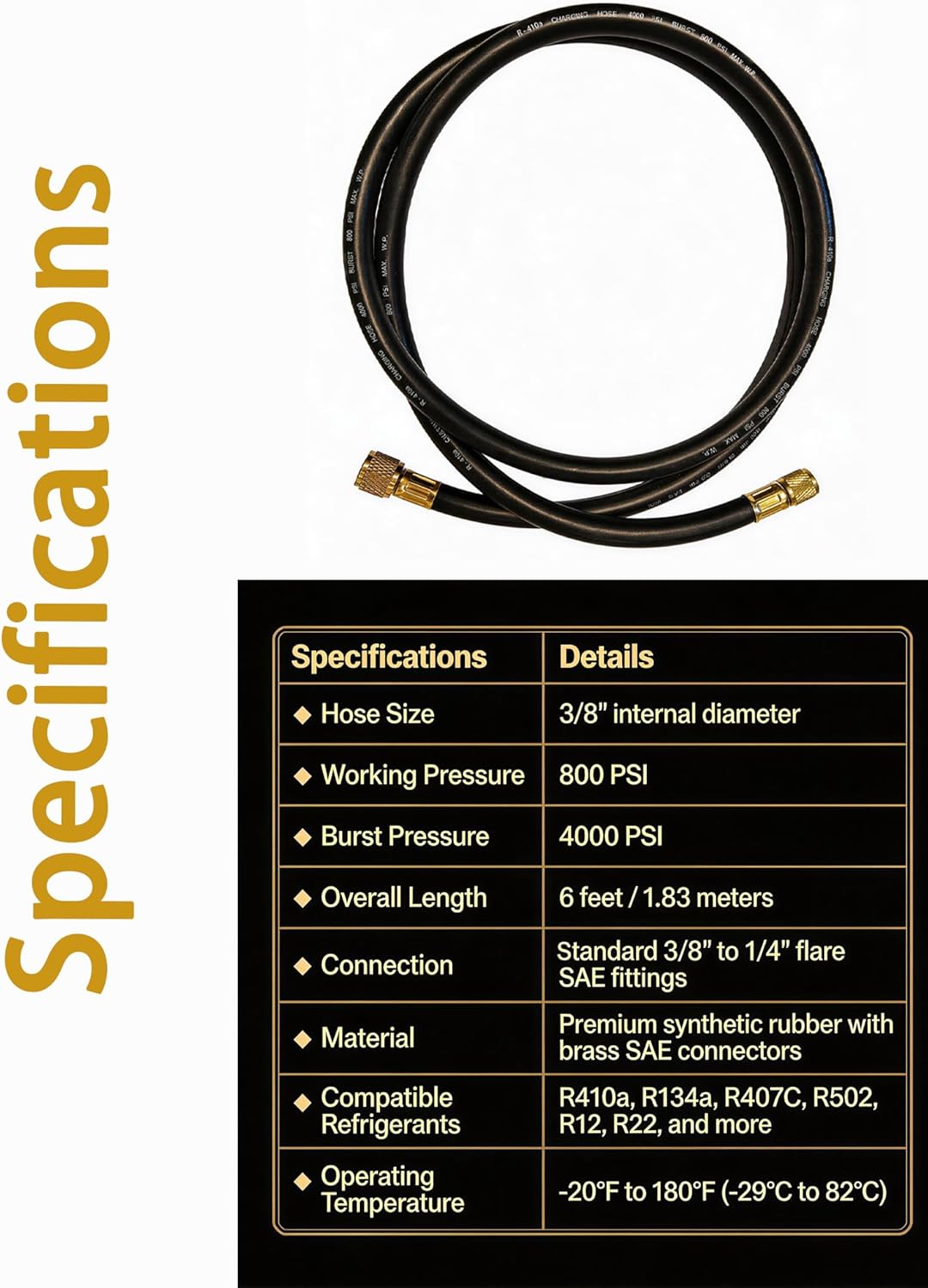 3/8" HVAC Charging Vacuum Hose| Vacuum Hose HVAC, 3/8" to 1/4" Fittings, 800 PSI Working / 4000 PSI Burst Pressure, 20 Microns, 6 Ft, 2-in-1, Compatible with R410a R134a R407C