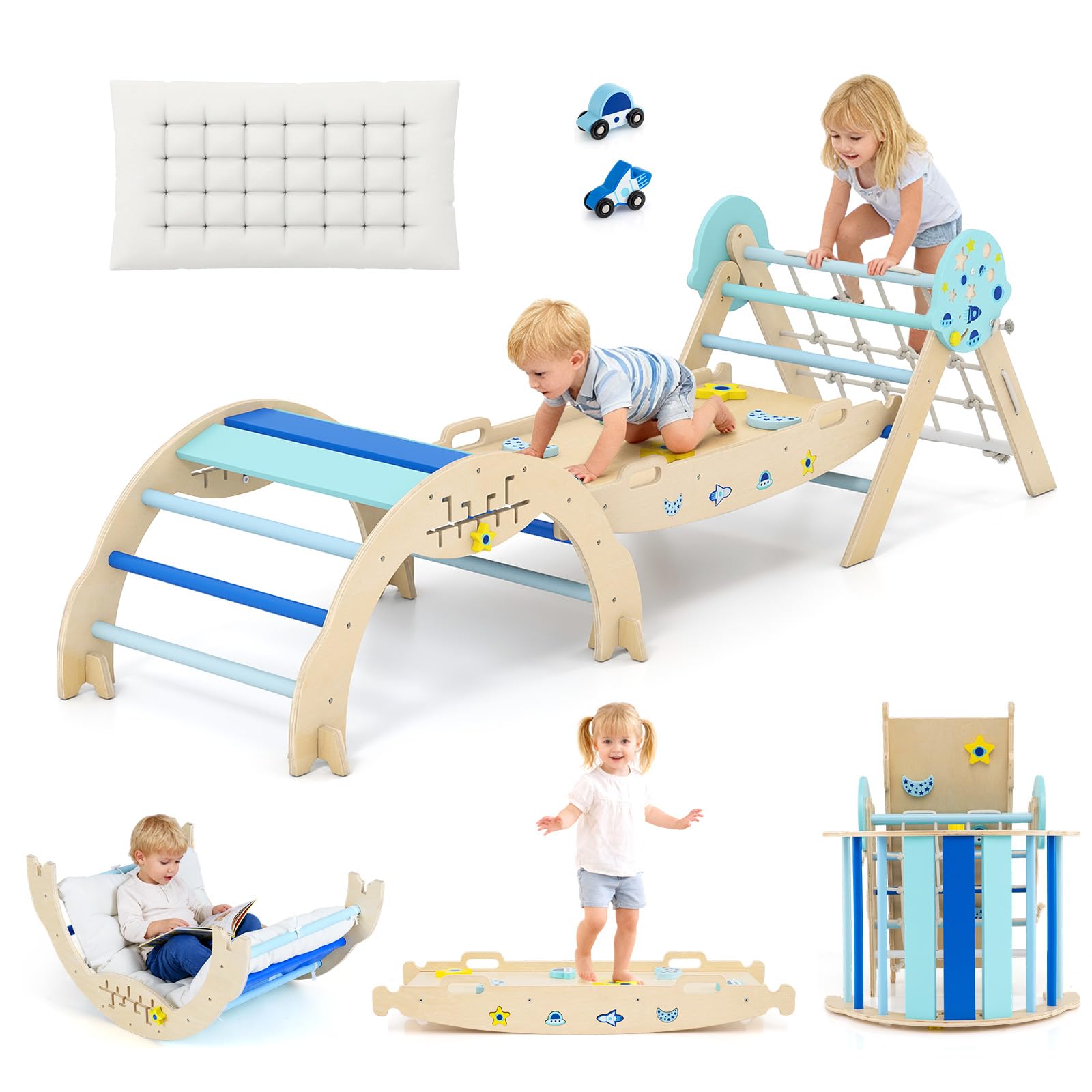 Olakids Pikler Triangle Set, 13 in 1 Astronaut Theme Foldable Wooden Montessori Toddler Climbing Toys Indoor with Cushion Ramp Arch Ladder Net (Blue)