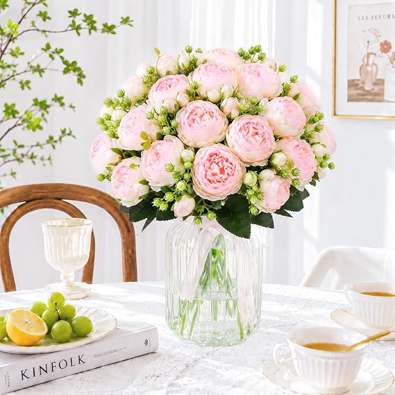 4 Bundles Peonies Artificial Flowers, Fake Silk Peonies Bouquet of Flowers for Home Decor Faux Floral Table Centerpieces for Kitchen Bathroom Wedding Party Decor(Light Pink)