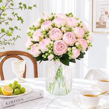 4 Bundles Peonies Artificial Flowers, Fake Silk Peonies Bouquet of Flowers for Home Decor Faux Floral Table Centerpieces for Kitchen Bathroom Wedding Party Decor(Light Pink)