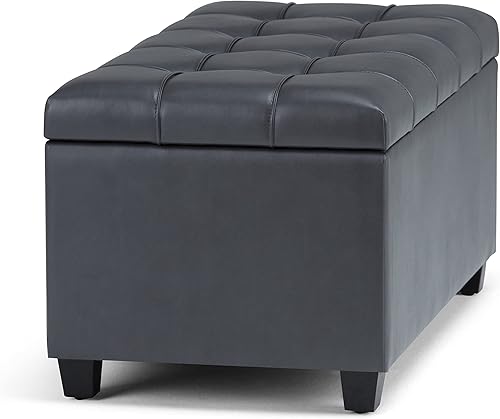 Miniatura 9 de SIMPLIHOME Sienna - Banco otomano rectangular de 34 pulgadas de ancho con parte superior de elevación en piel sintética copetuda gris piedra,