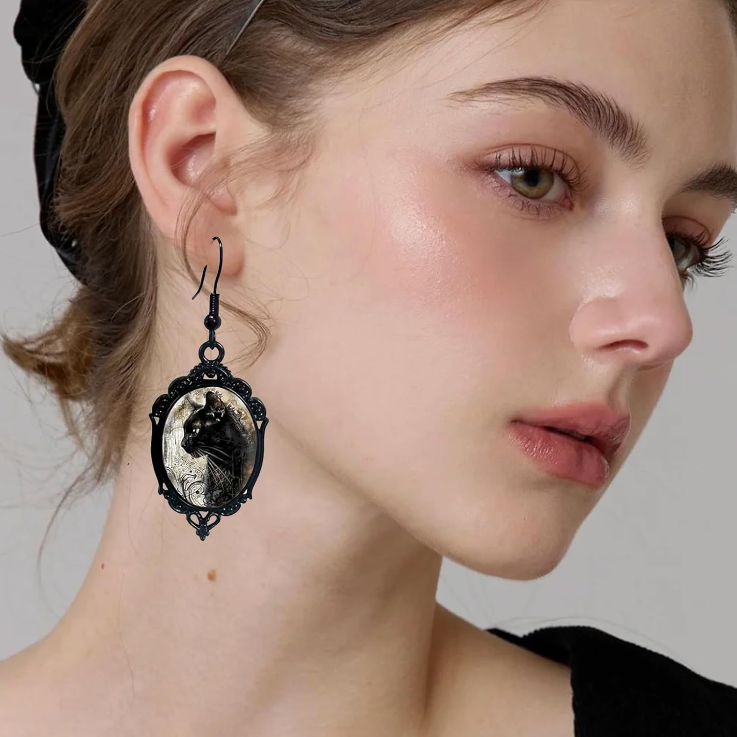 Black Cat Earrings for Women Vintage Gothic Glass Cameo Earrings Cute Cat Dangle Earring Halloween Witch Costume Accessories Holiday Jewelry Christmas Gifts Goth Jewelry for Women - Image 3