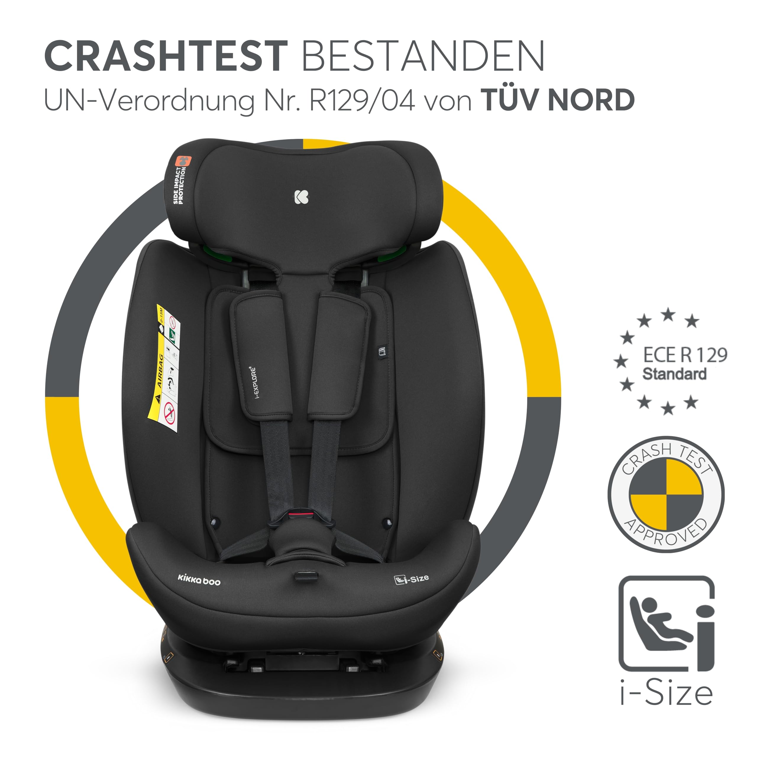 KikkaBoo Kindersitz 9-36 kg i-EXPLORE 2, 40-150 cm, Gruppe 0 1 2 3, i-Size, Rückwärts & Vorwärts, Liegesitz, 14-fach Kopfstütze, 5-Punkt-Gurt, Schwarz