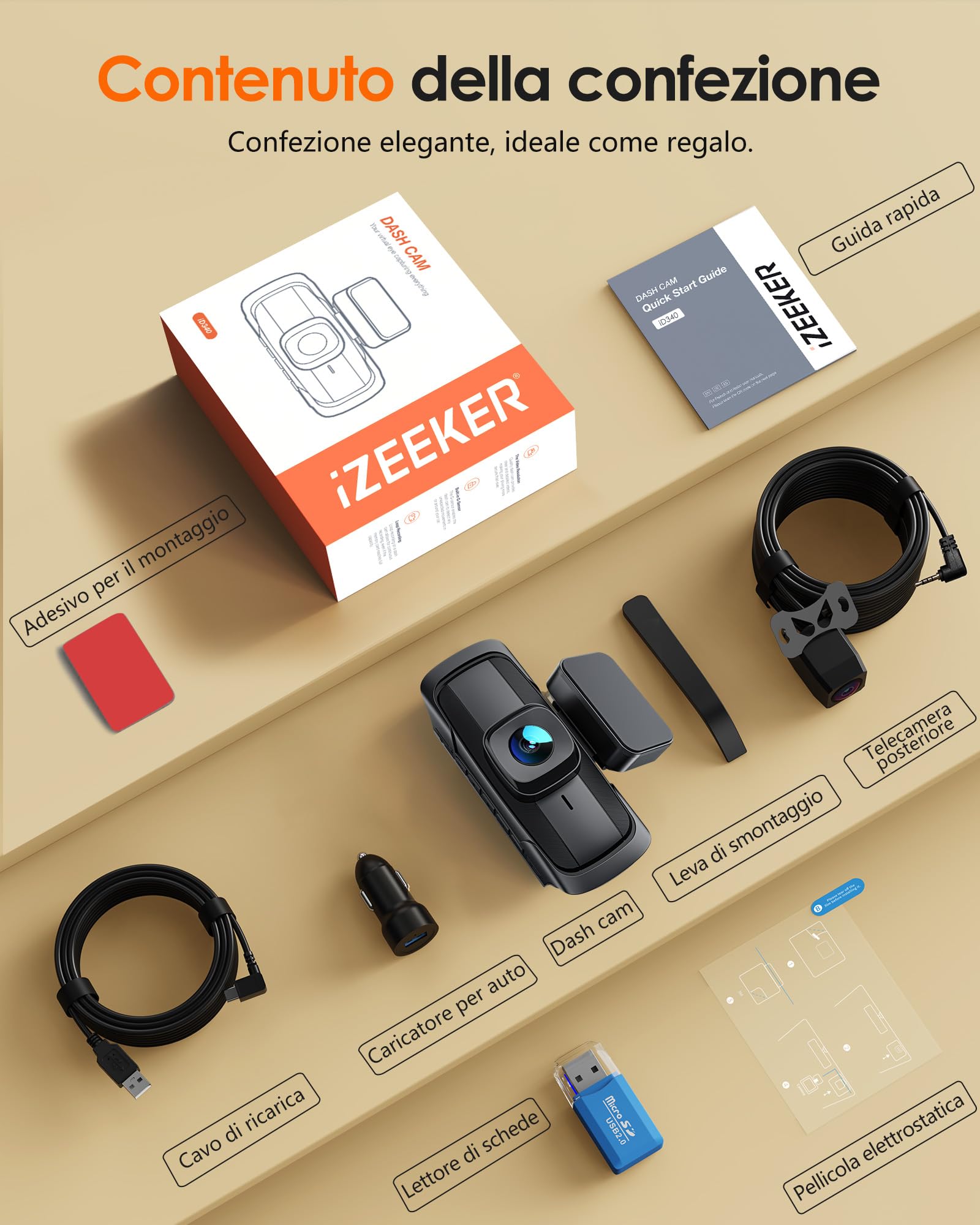 iZEEKER iD340 Dash Cam Auto 4 Canali, 4K Anteriore, 3x1080P, WiFi 6 | 4K anteriore + 3x1080P, WiFi 6, F1.6, WDR, schermo IPS da 3,39", modalità parcheggio, fino a 256GB