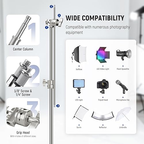 Miniatura 13 de NEEWER Soporte profesional en C resistente de acero inoxidable 100% con brazo de pluma, altura máxima de 10.5 pies, soporte de luz para fotografía