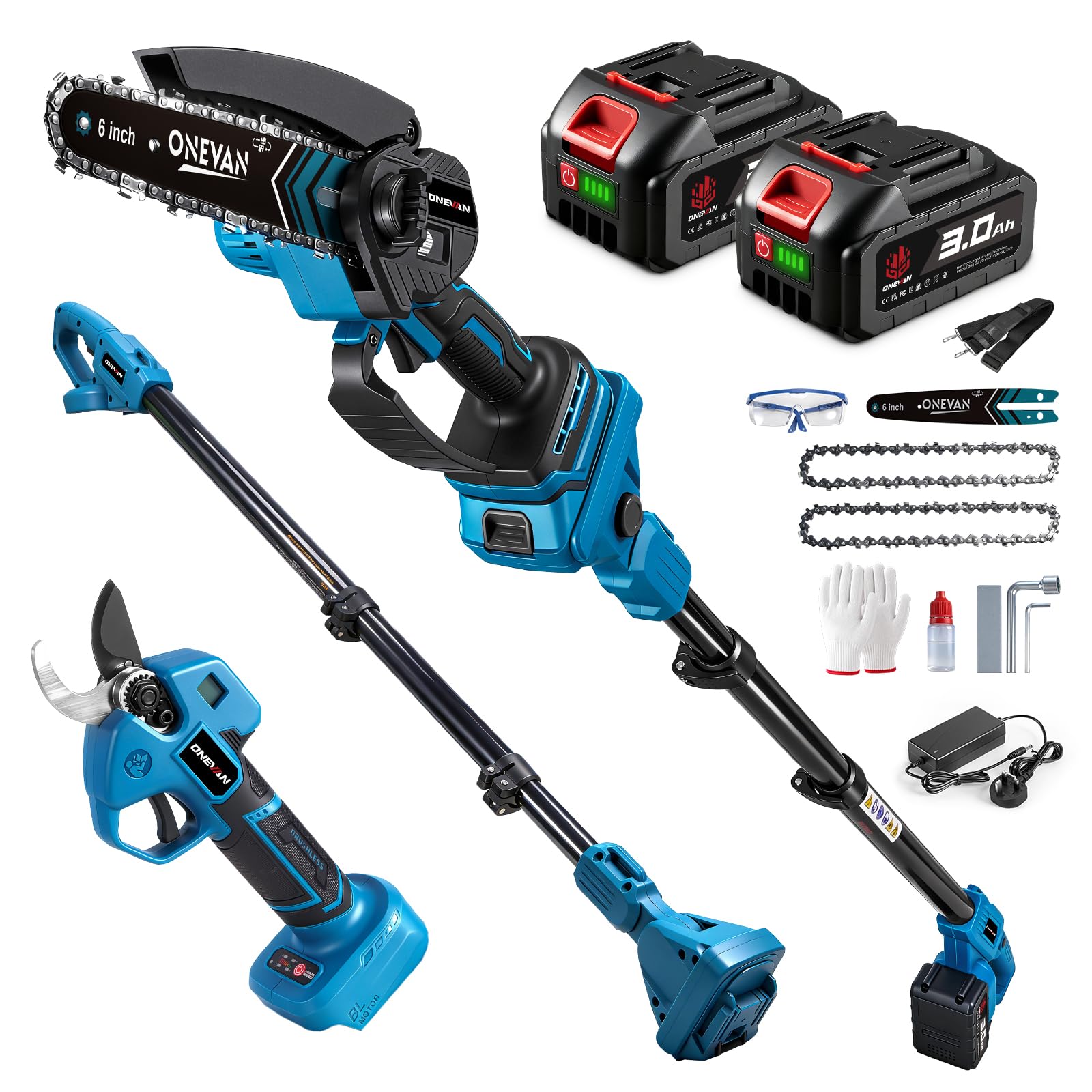4-in-1 Cordless Pole Saw Battery Secateurs Set - 6IN Brushless Chainsaw and 35mm Pruning Shears, 180°Adjustable Angle, with 6.56Ft Telescopic, SK5 Steel Blade, 2 * 3.0Ah Battery, for Tree Trimming