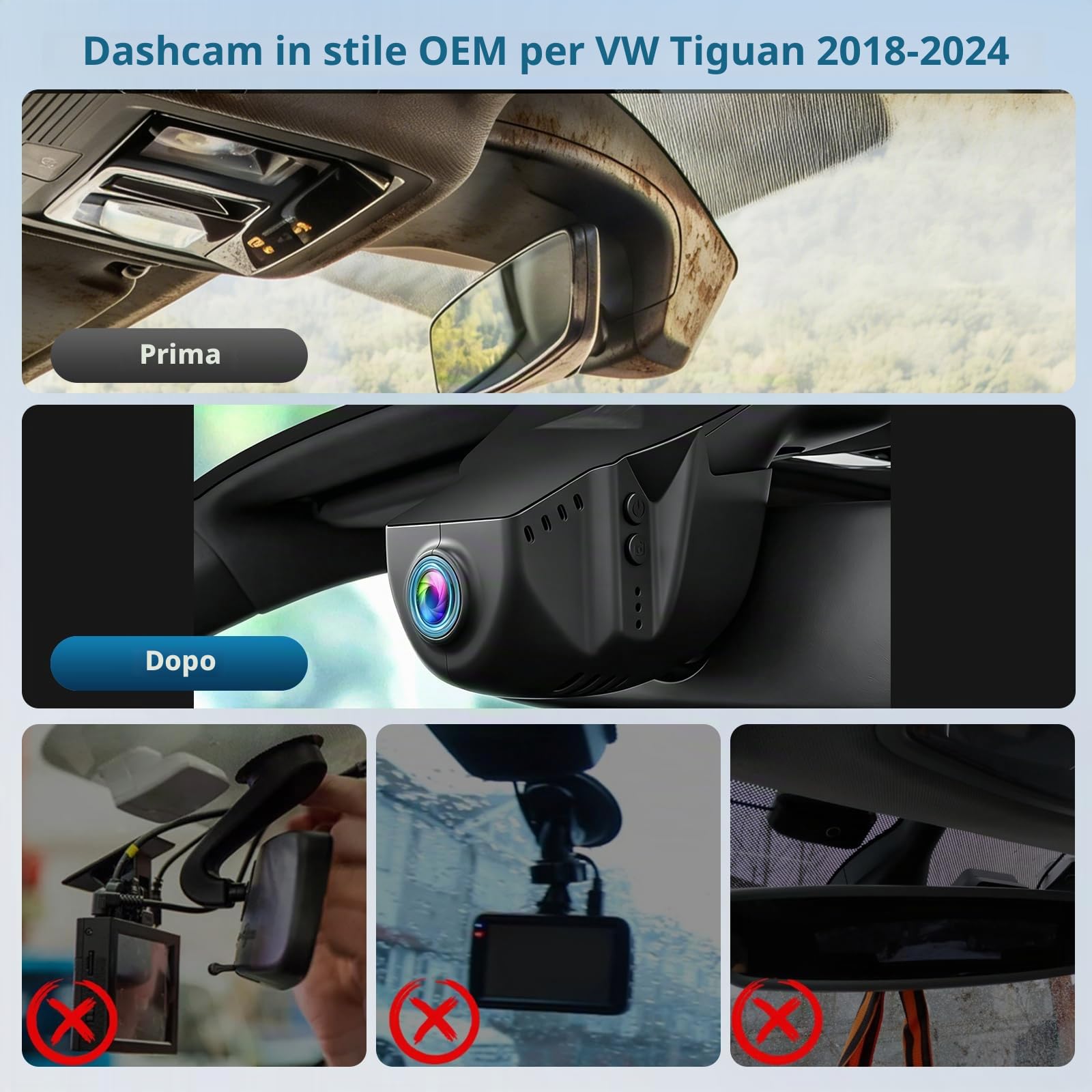 Dash Cam 4K per VW Tiguan 2018-2024 WiFi 64GB | OEM, App Controllo, Visione Notturna, Parcheggio, G-Sensor