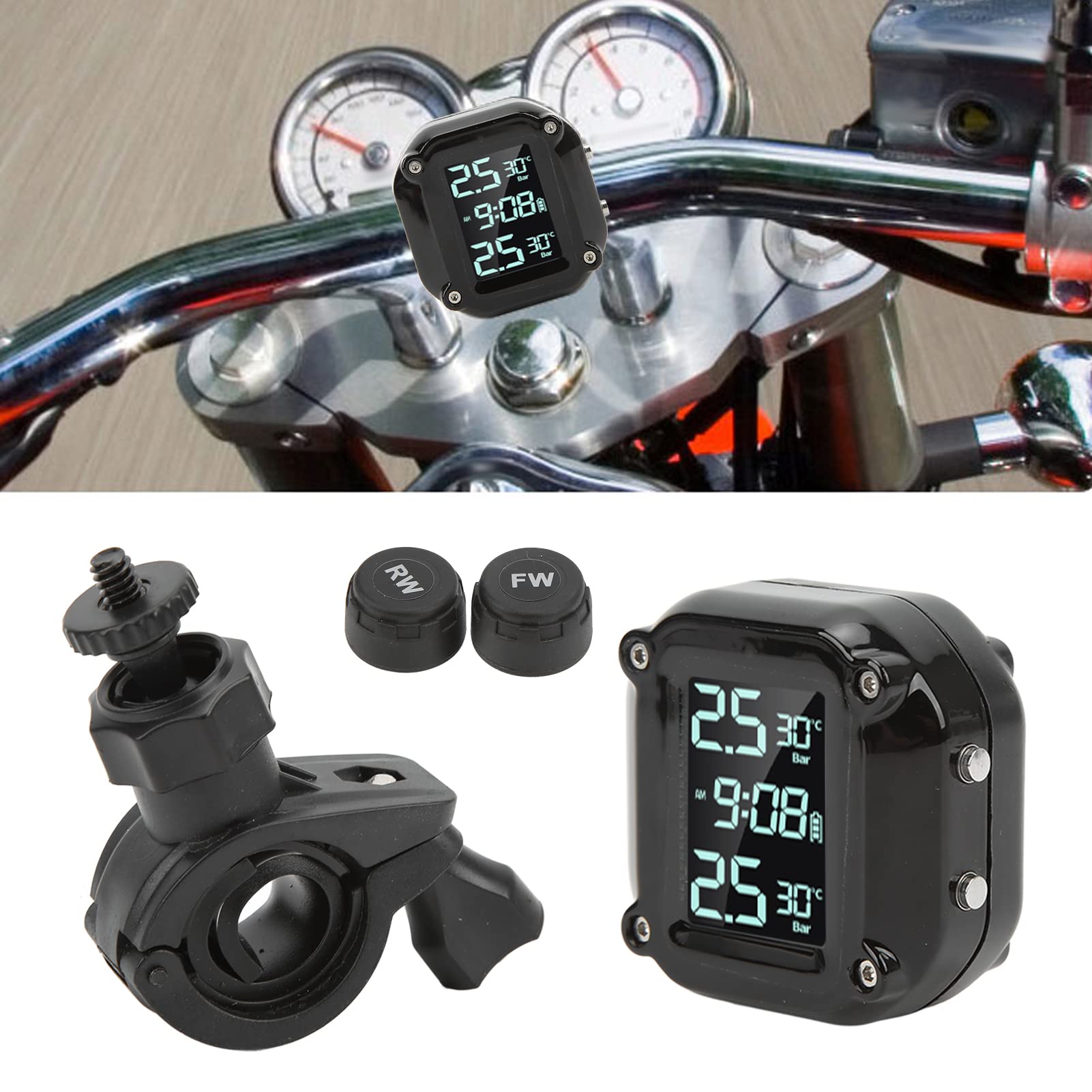 Sistema di monitoraggio della pressione dei pneumatici TPMS per moto Sistema di monitoraggio della pressione dei pneumatici per moto con 2 sensori Schermo LCD di ricarica USB IP67 TPMS impermeabile
