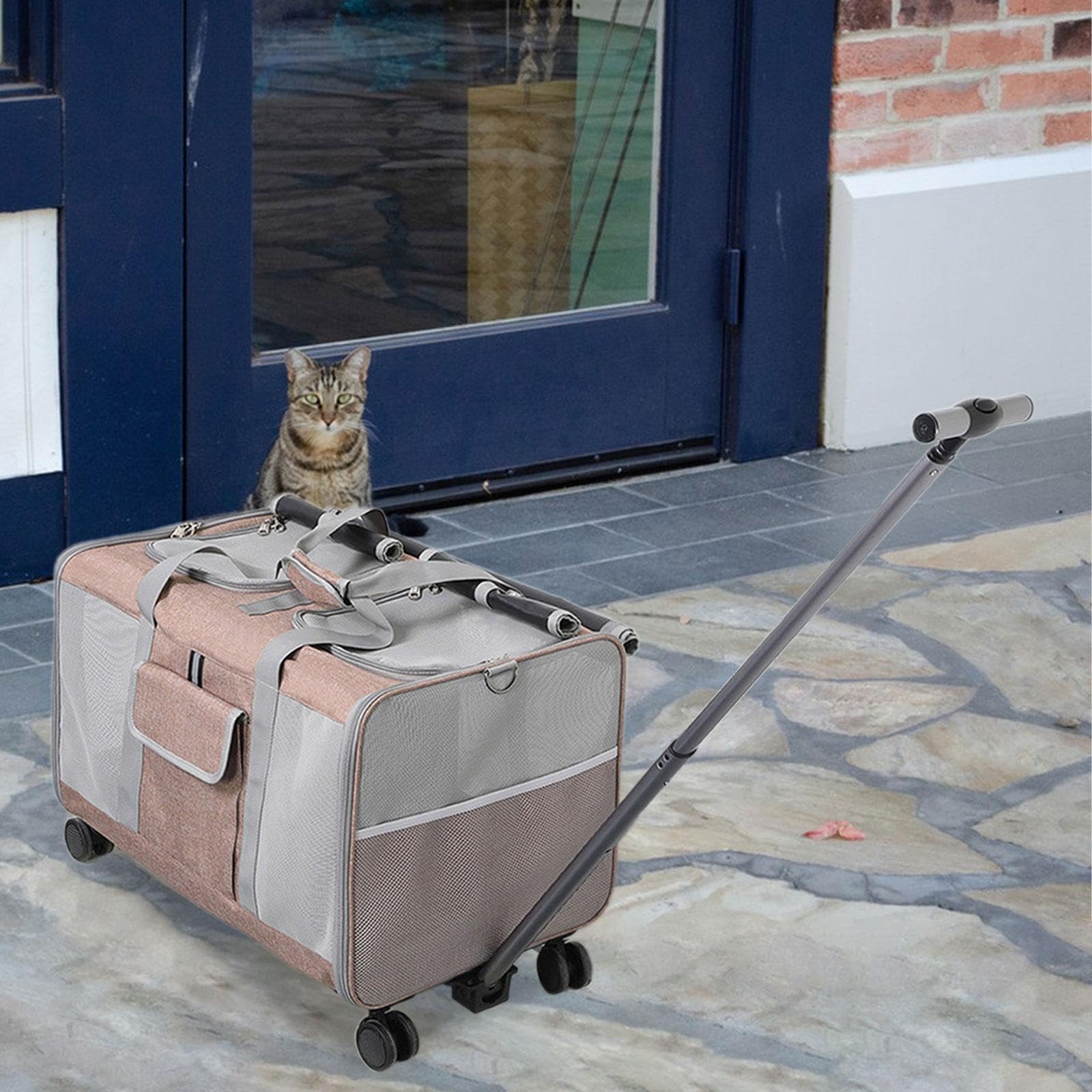 Generic Dog Cat Carrier with Wheels Rolling Cat Dogs Carrier,Breathable,Portable,Detachable,Folding Travel Bag for Cats Kitten Dogs, Khaki, Medium