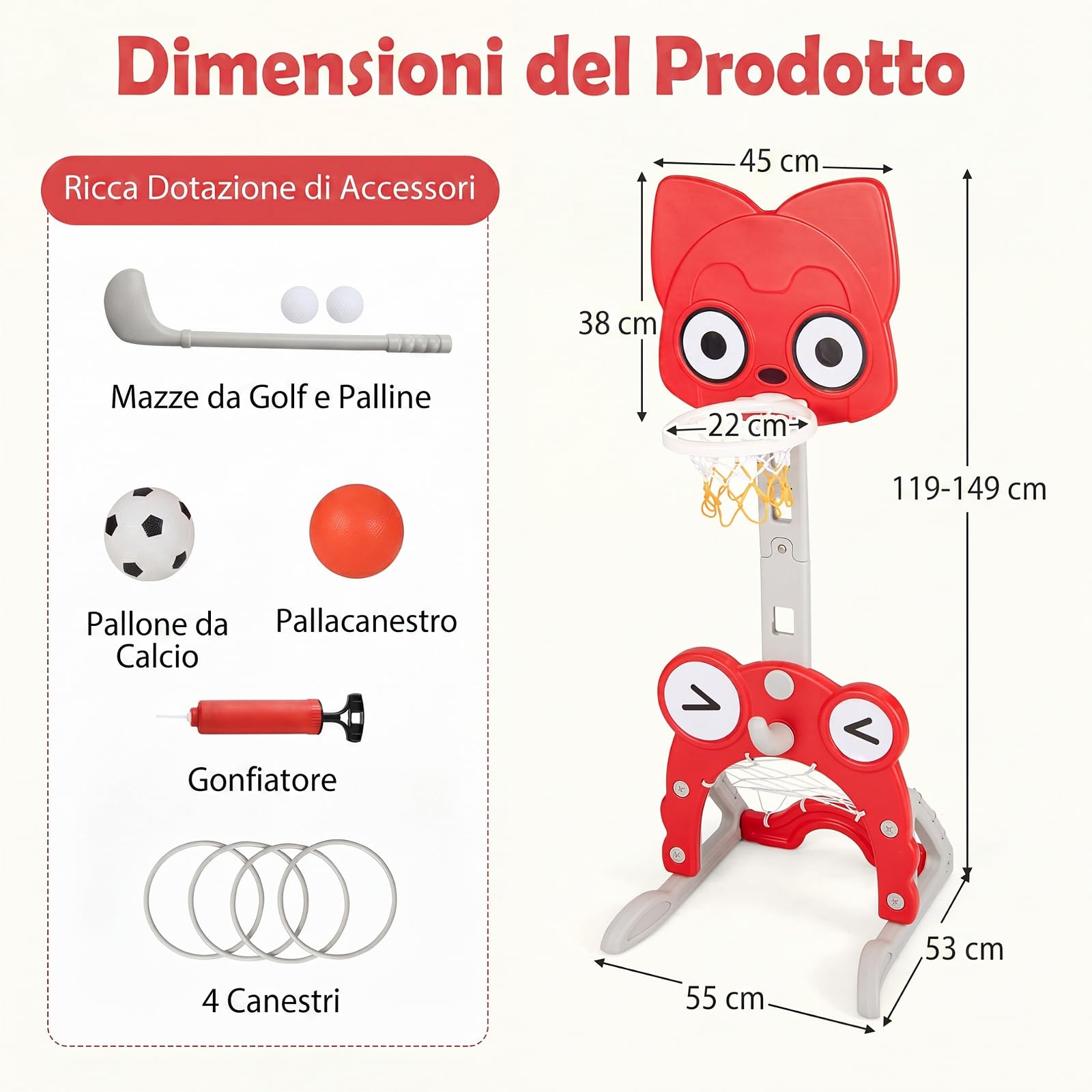 COSTWAY Canestro da Basket 4 in 1 per Bambini 3+ Anni, Altezza 118-148 cm | Centro di Attività Forma Volpe in HDPE con Golf, Calcio e Anelli da Lancio, Base Riempibile, per Cameretta e Asilo Nido