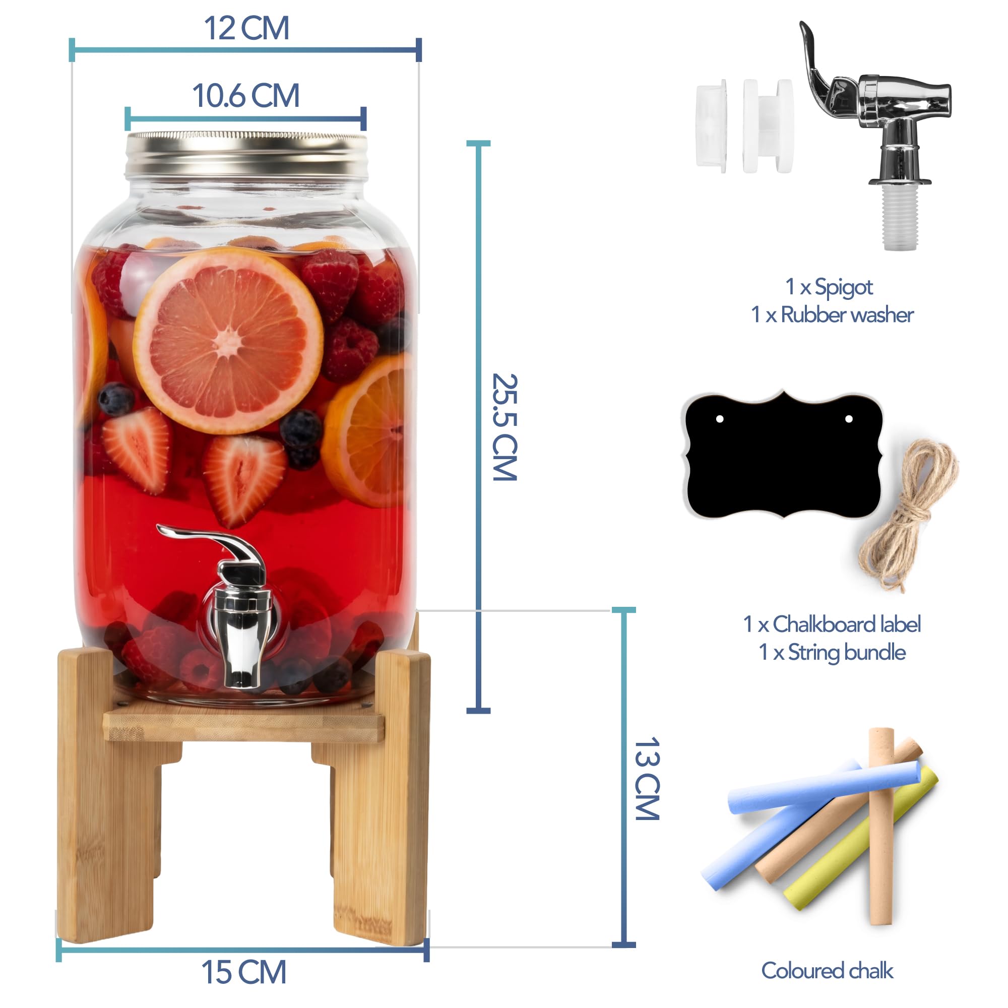 HEFTMAN Distributore di bevande in vetro con rubinetto, 4 litri, vuoto, con robusto supporto in bambù, per acqua, succhi, cocktail, limonata