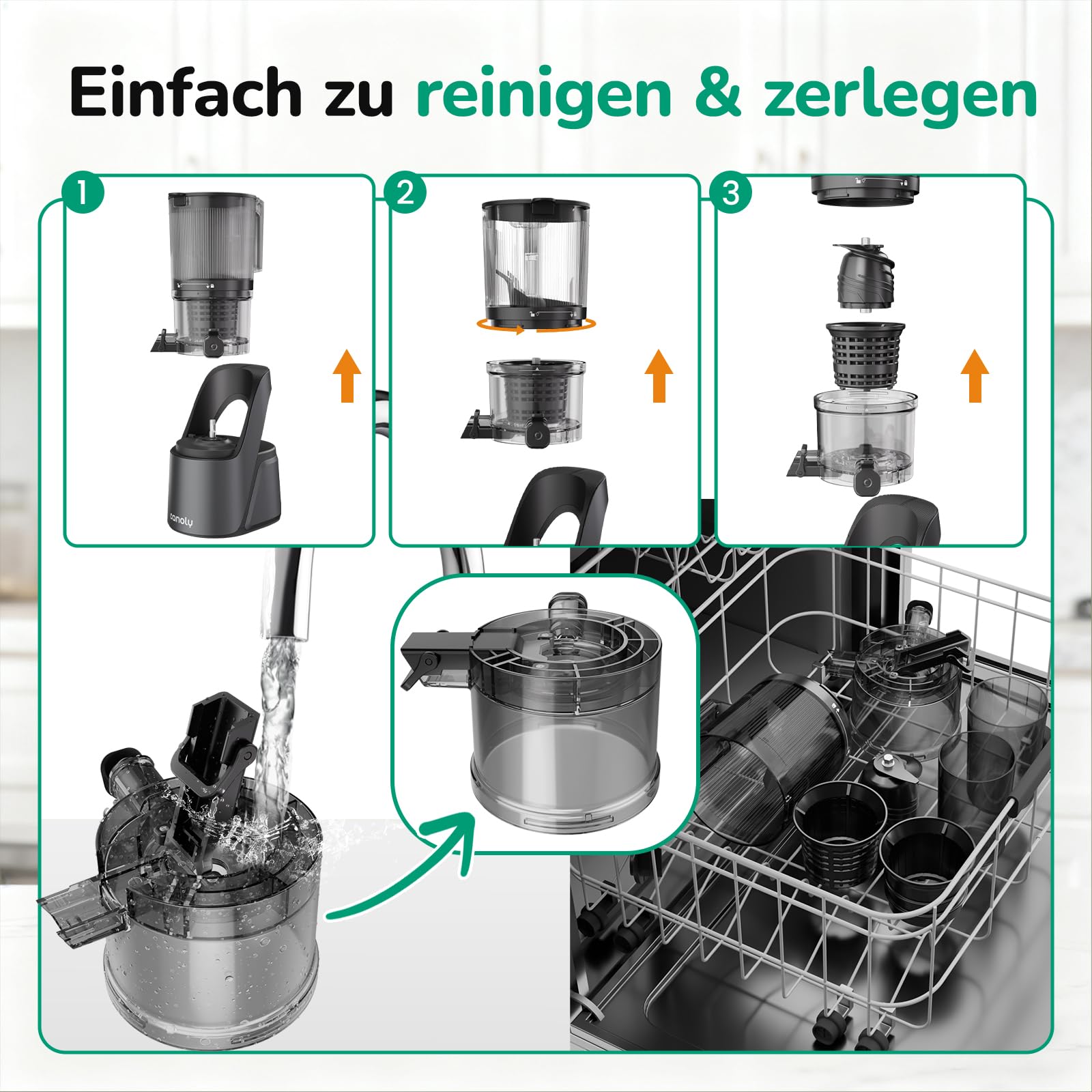 Canoly Extracteur de Jus 150 mm 3-en-1 Moteur AC Sans BPA Gris Mat