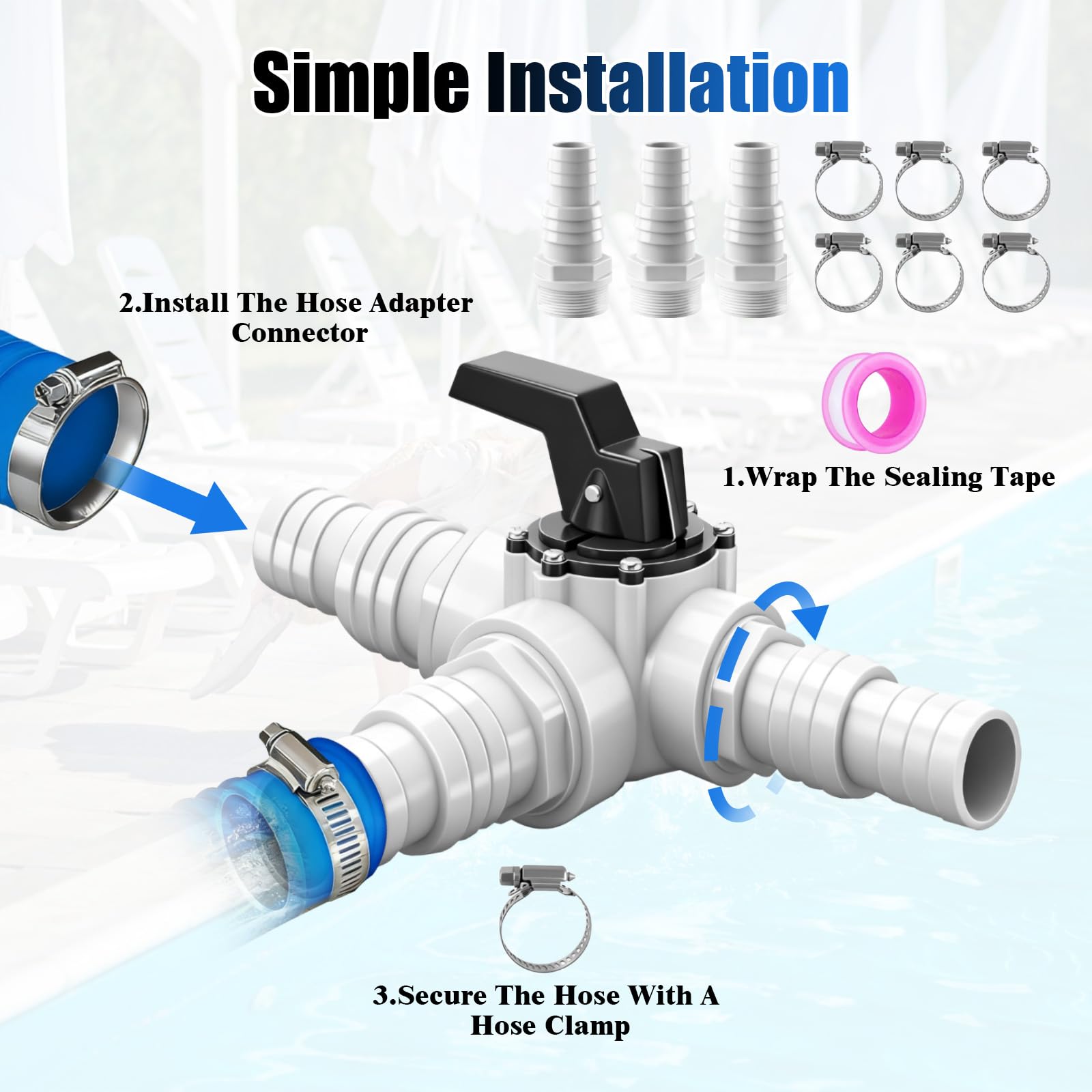 Bypass Kit Piscine 12 Pièces, Kit de Dérivation avec Vanne 3 Voies, 32/38 mm Raccordement, Adaptateur ABS, 6 Colliers INOX, pour Vanne Piscine, Chauffage Solaire, Pompe à Chaleur