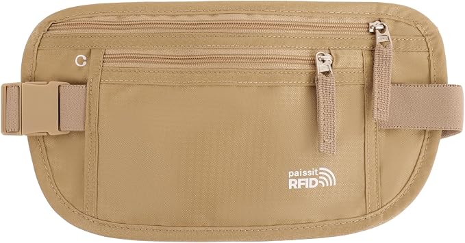 Small Unisex Money Belt For Men and Women, Slim Passport Holder RFID Blocking Travel Essentials Pouch with Adjustable Strap Small Waist Pouch for Workout Running Travelling HikingBeige