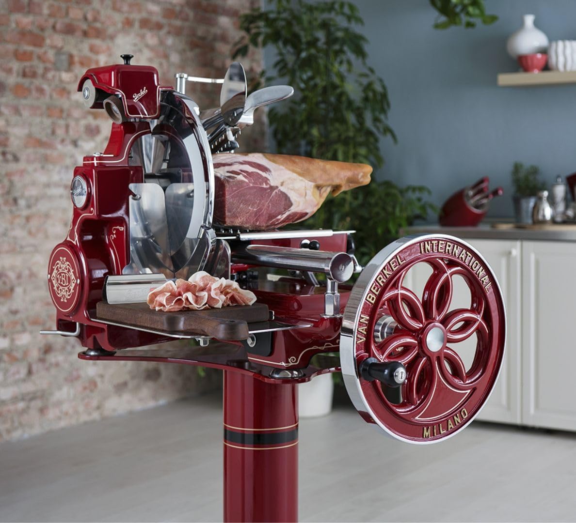 Berkel Volano B114 Premium Food Slicer | Includes 5-pc Knife Set | Luxury Slices of Prosciutto, Cheese, Fruits and more | Pedestal not included | Made in Italy (Red)