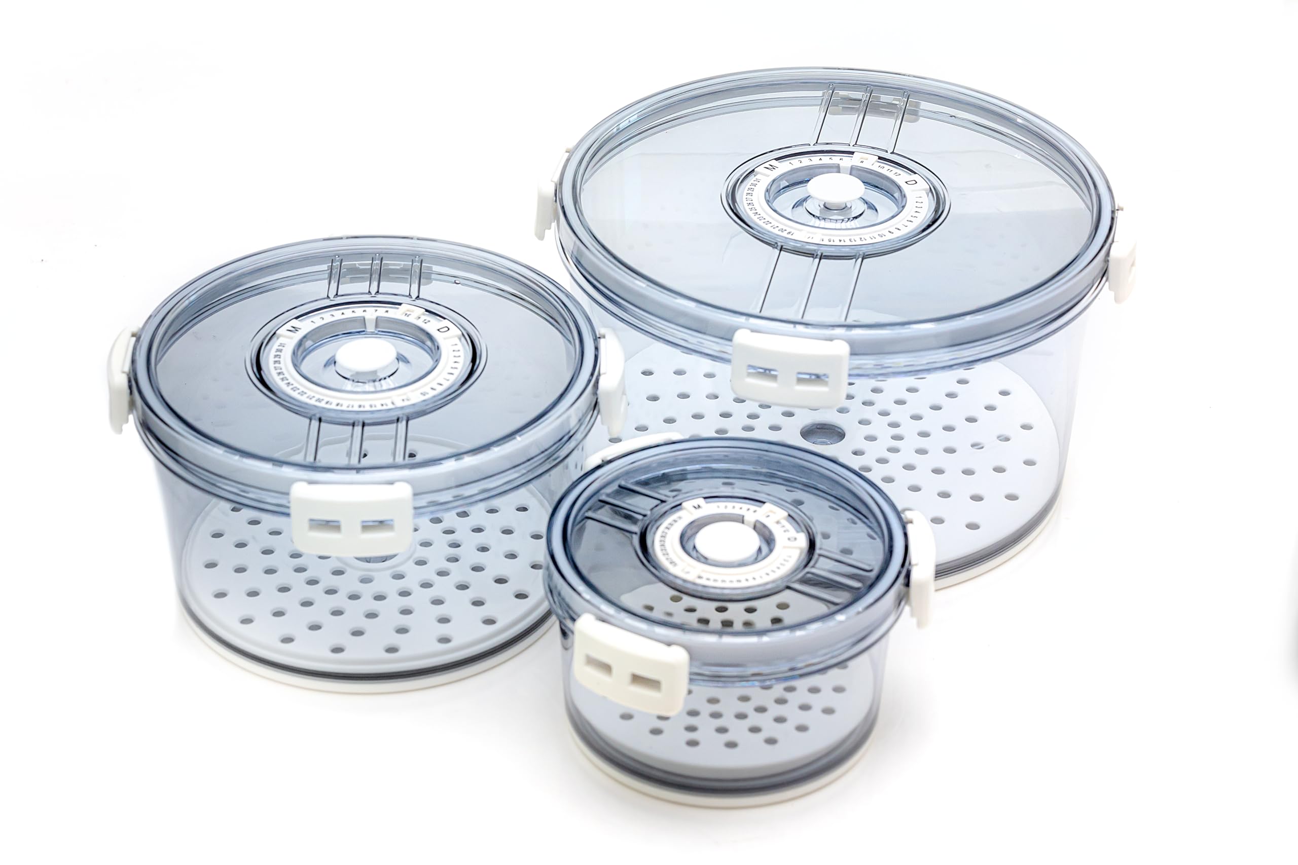 Recipientes de almacenamiento de frutas y verduras para refrigerador con tapas, cronógrafo de fecha, juego de 3 piezas, transparente, hermético, a prueba de fugas, sin BPA, bandeja de