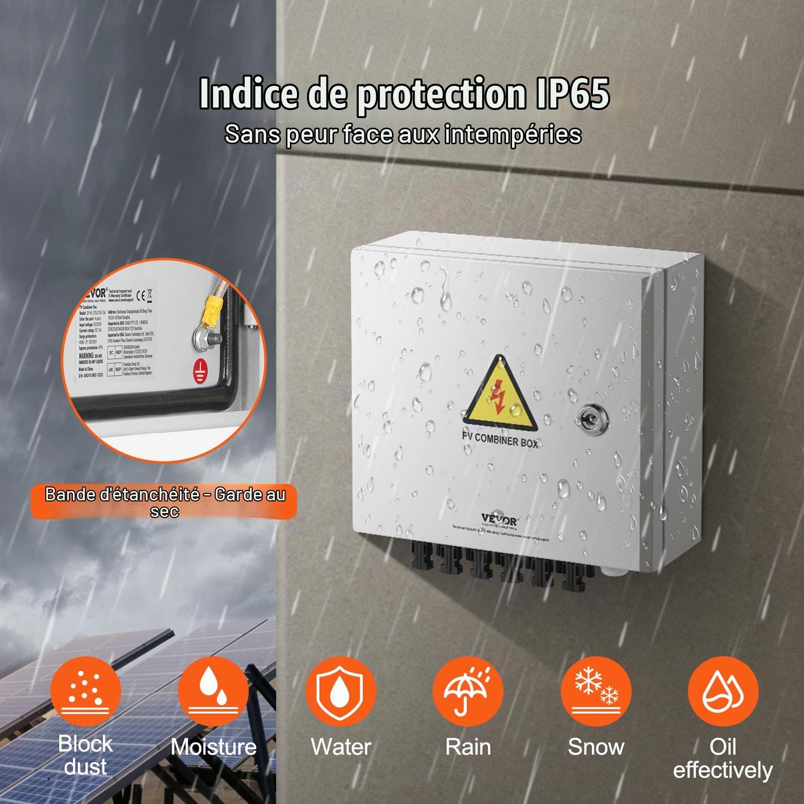 VEVOR Boîte de combinaison PV, 6 chaînes, boîte de combinaison solaire avec fusible de courant nominal 10 A, disjoncteur 63 A parafoudre, en acier pour système de panneaux solaires marche/arrêt, IP65