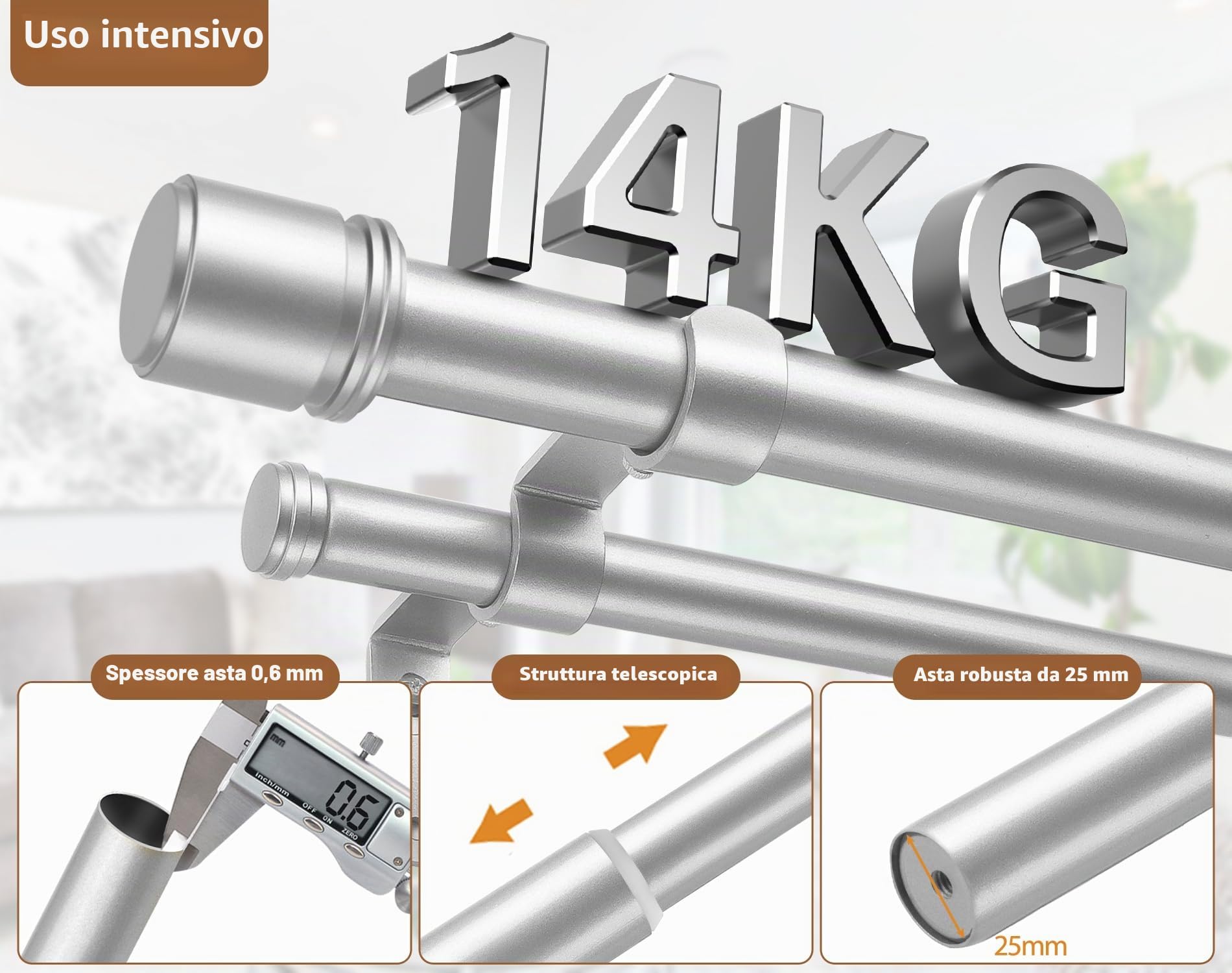 HOTOZON Argento Bastone da Tenda Doppio 190-355 cm, 25 mm Estensibile Bastone Tenda Doppio Montado en la Pared con Remates de Tapa Para Ventanas