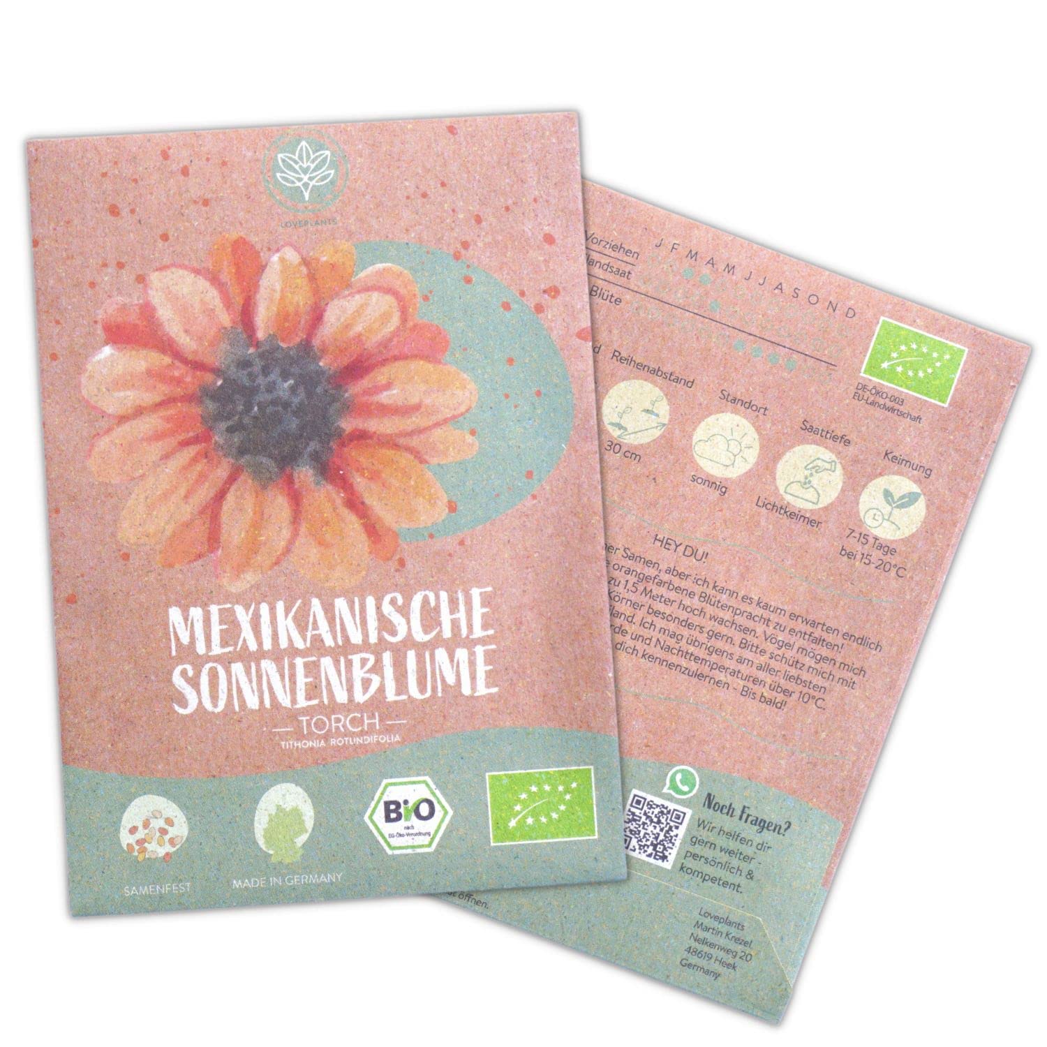 Bio Mexikanische Sonnenblumen Samen, 20 Blumensamen mit hoher Keimquote, Sonnenblumensamen für deinen Garten, Balkon, Beet oder als Gastgeschenk. Samenfestes Blumen Saatgut.
