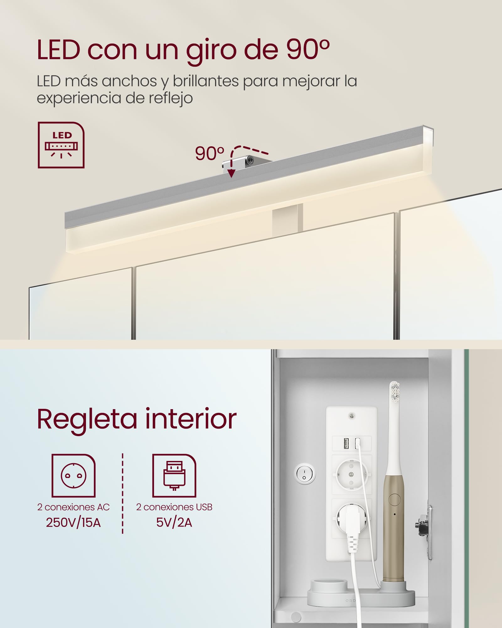 VASAGLE Mueble de Baño con Iluminación LED, 16,5 x 70 x 75 cm, Múltiple Toma de Corriente, Cesta Colgante, Soporte para Secador de Pelo, para Lavabo, Blanco Nube BBK126W01