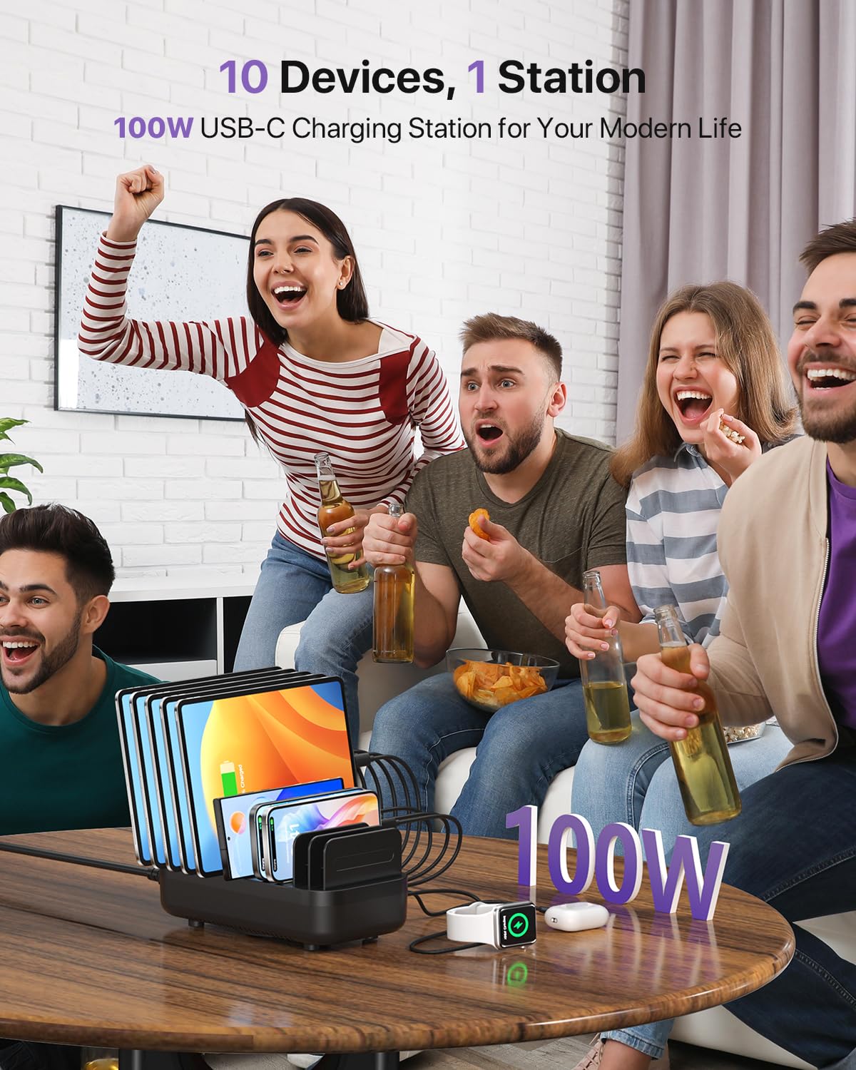 SooPii Stazione di ricarica da 100 W a 10 prese con 6 porte USB-C veloci, 4 porte USB-A e 10 cavi misti per telefoni cellulari lPhone, Galaxy, lPad e Android, ideale per casa, ufficio o ristorante