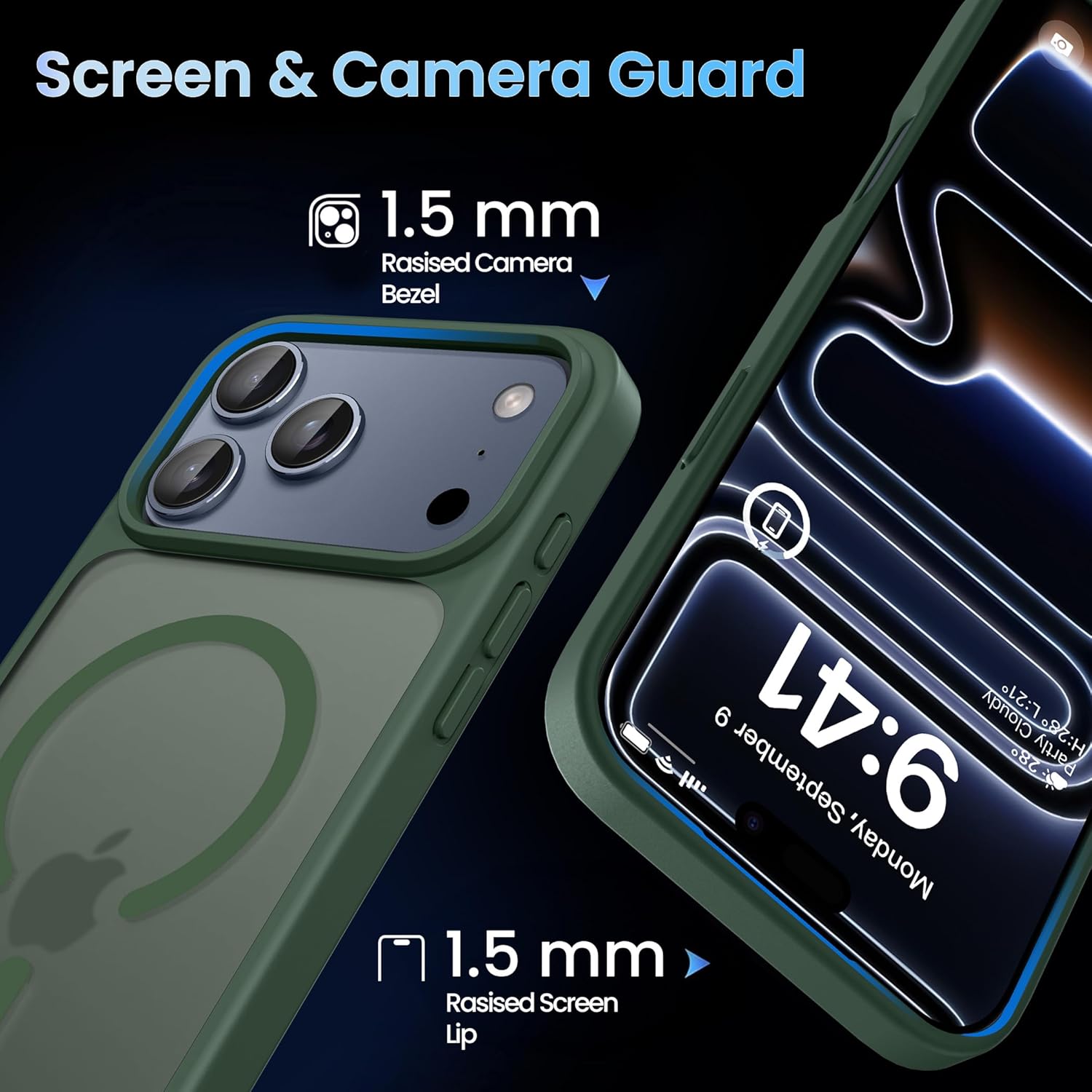 CACOE Magnetic Case for iPhone 17 Pro 6.3 inch-Compatible with MagSafe & Magnetic Car Phone Mount,Anti-Fingerprint TPU Thin Phone Cases Cover Protective Shockproof (Dark Green)