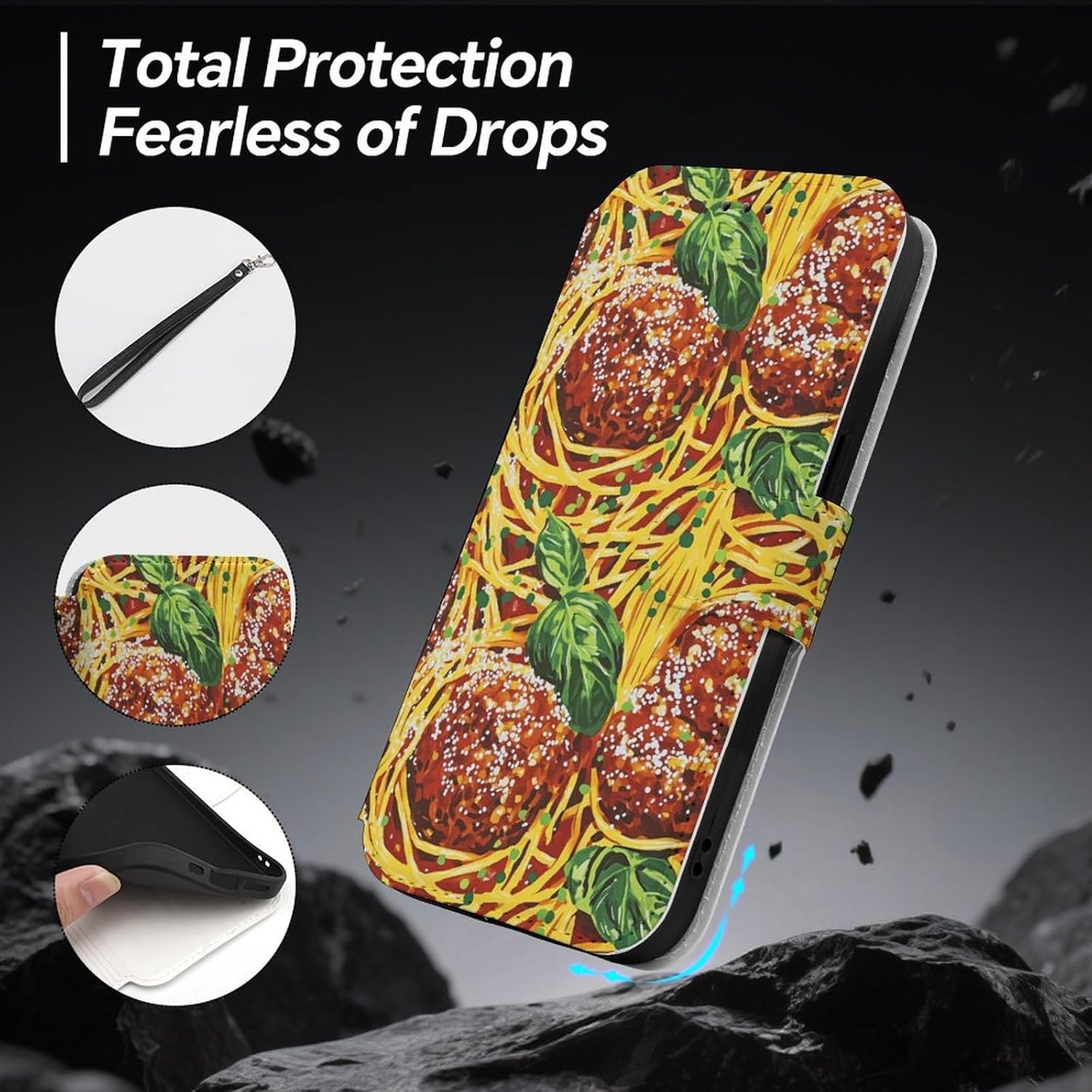 Meatball Pasta Compatible with iPhone 16/16 Plus/16 Pro/16 Pro Max/16 E Case Phone Wallet Card Holder Flip Cover with Wrist Strap