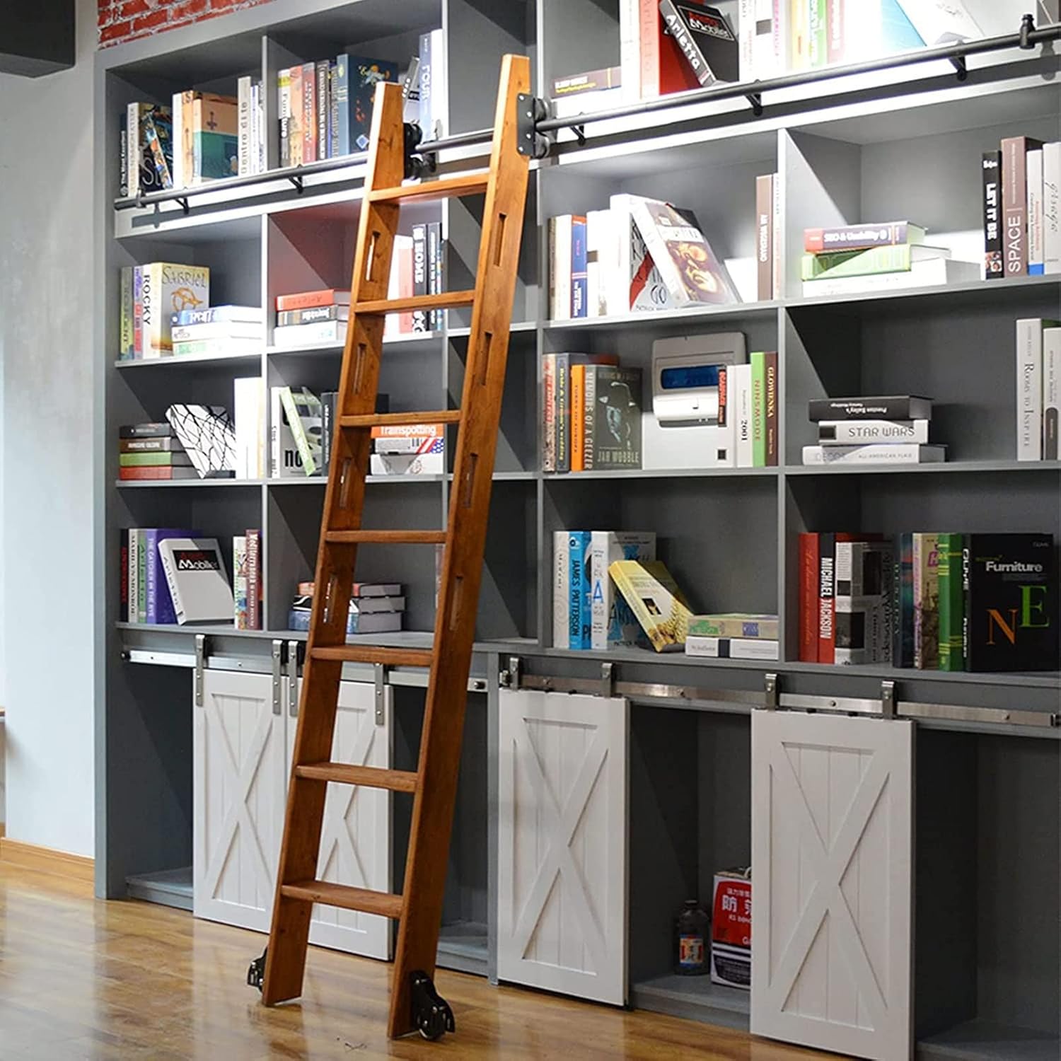 Sliding Ladder Library Full Set Hardware Rolling Track(No Ladder) Round Track/Rail + Floor Roller+Extension Accessories, 3Ft-20Ft Mobile Ladder Track for Home/Indoor/Loft/Library/N