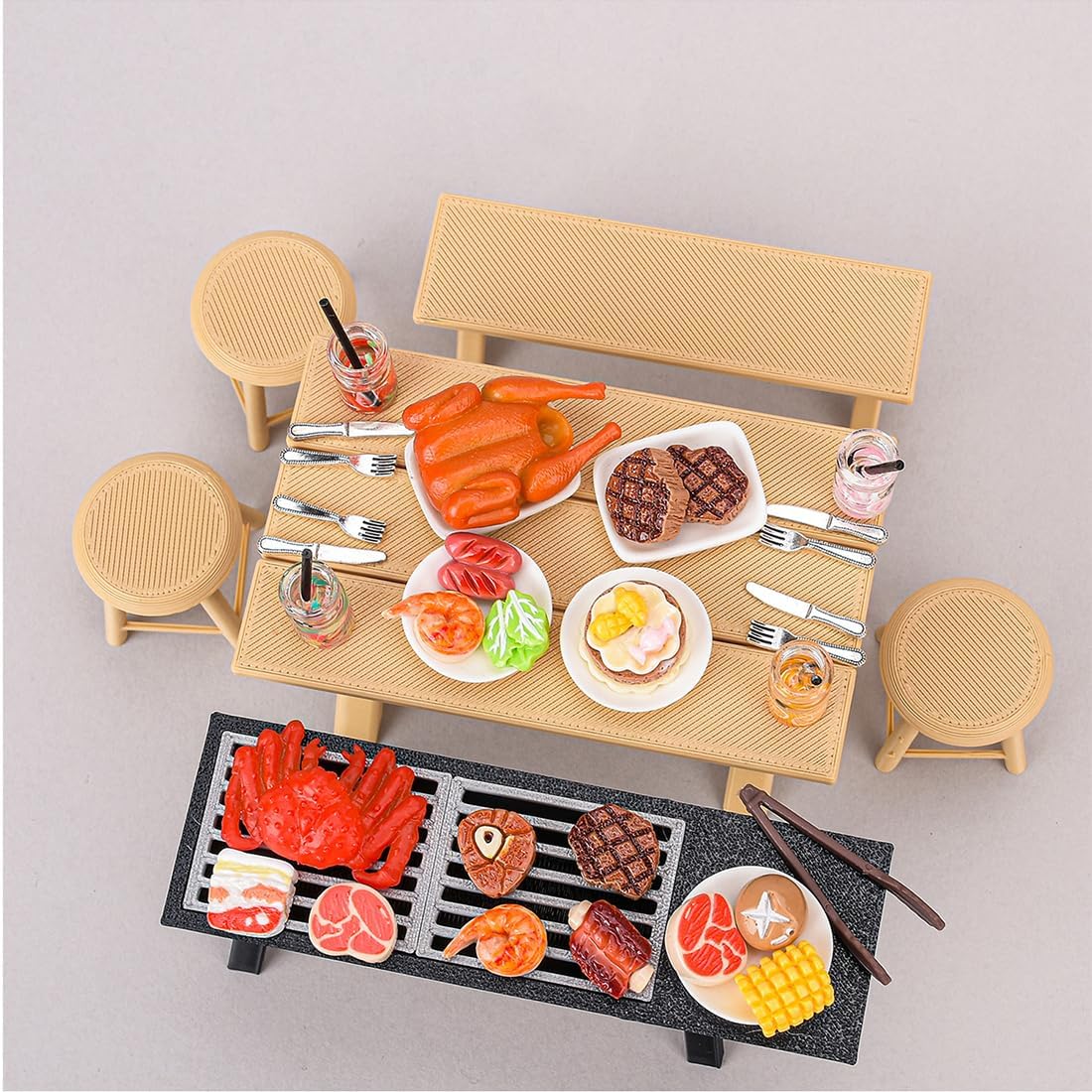 1/12 Miniature BBQ Grill Model Picnic Set with Table Chair & Action Figure - Realistic Roasting Food Prop for Outdoor Diorama Landscape