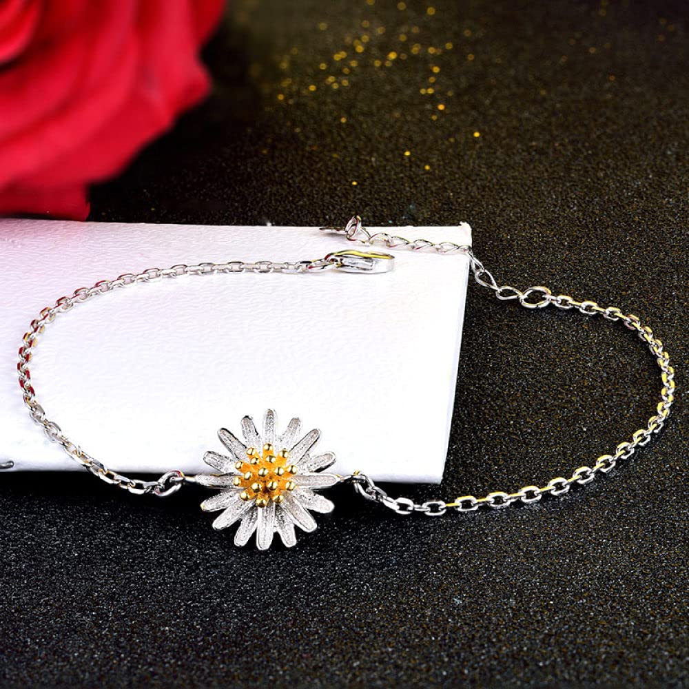 Braccialetti a catena con polsino in argento sterling moda, Bracciale in argento sterling 925 da donna Bracciale intagliato a mano squisito con margherita Bracciale in argento sterling con gioielli