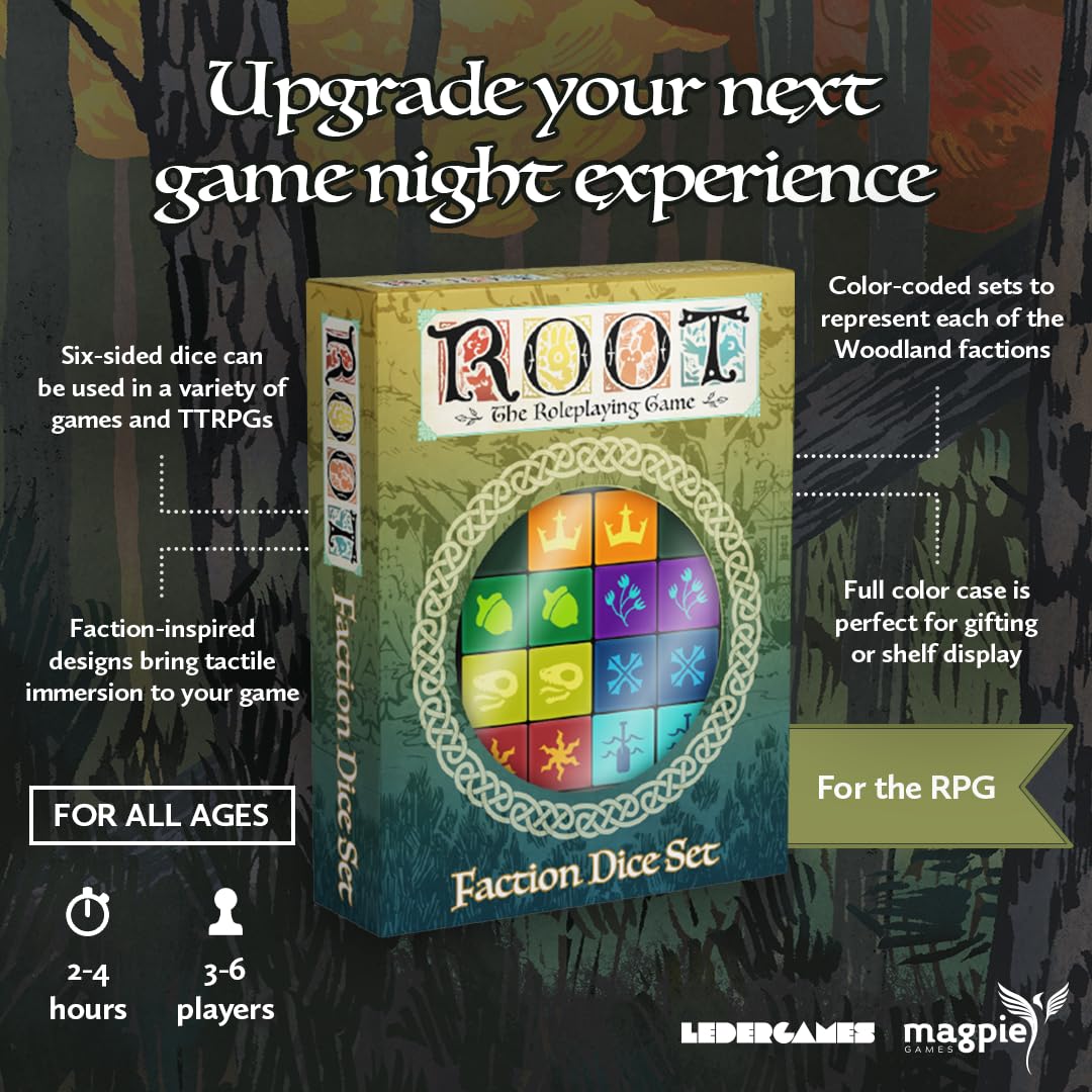 Magpie Games Jeu de dés pour Root: Le jeu de rôle, 14 dés à six faces gravés avec 7 factions de la forêt, aventure fantastique de table