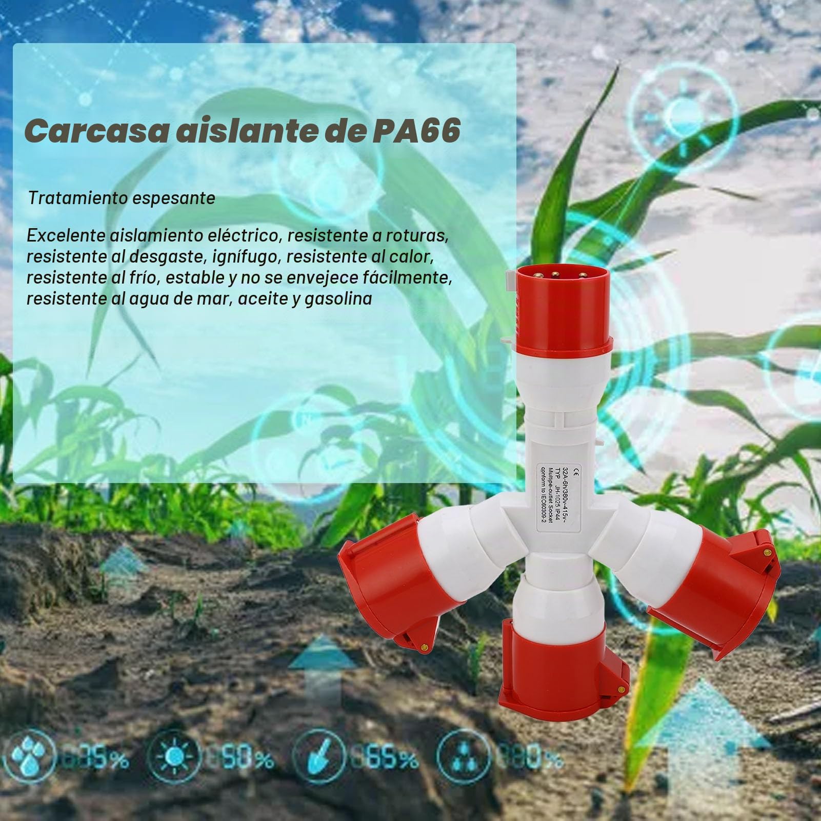 Enchufe Industrial 380V 32A 1 Entrada 3 Salidas IP67 Resistente Agua - Conector 5 Pines 3P+N+E Multifuncional para Talleres y Exteriores