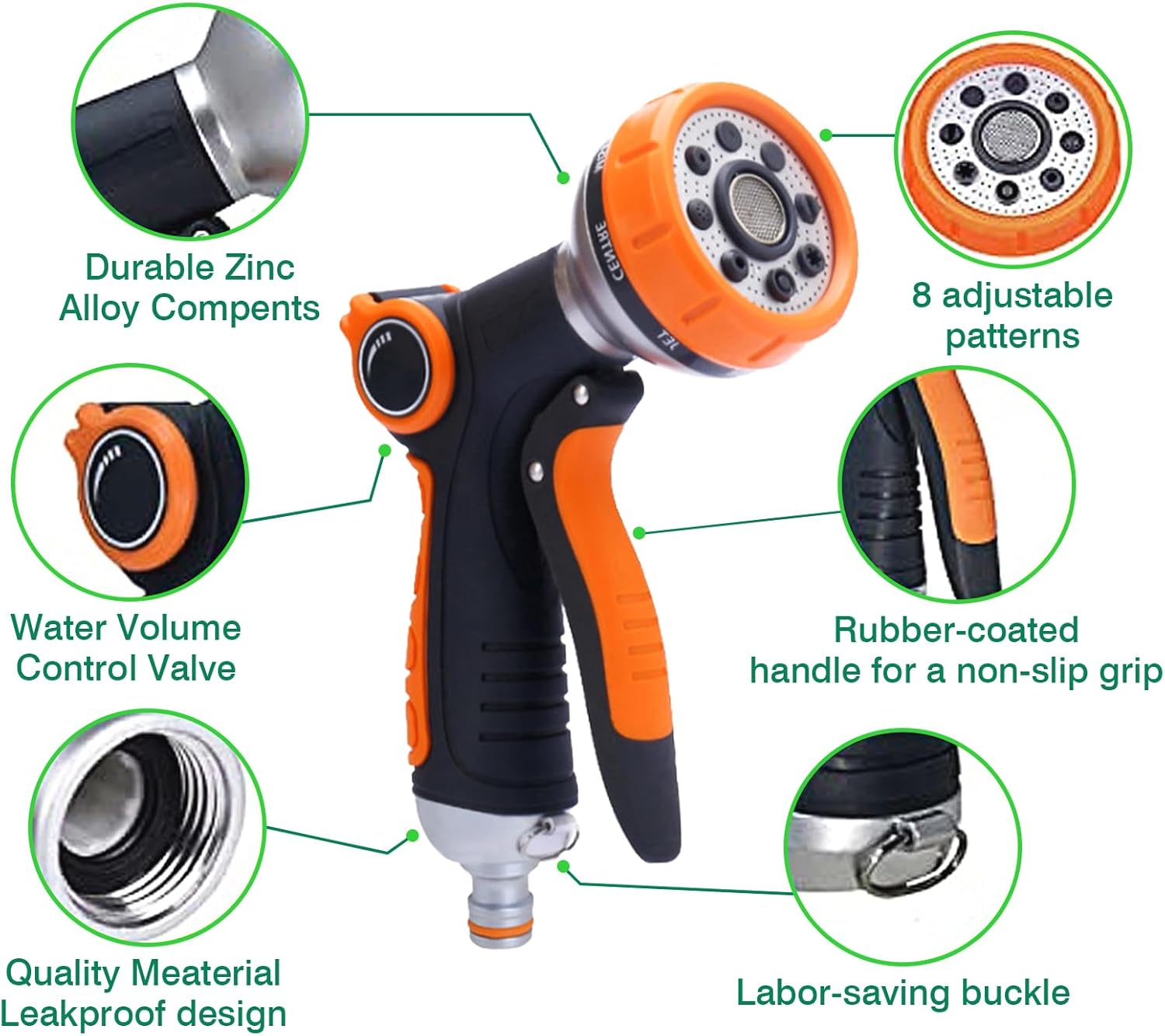 Garden Hose Nozzle,Water Spray Nozzle,8 Adjustable Watering Patterns for Plants,Lawn& Garden,Washing Cars,Pet Showering