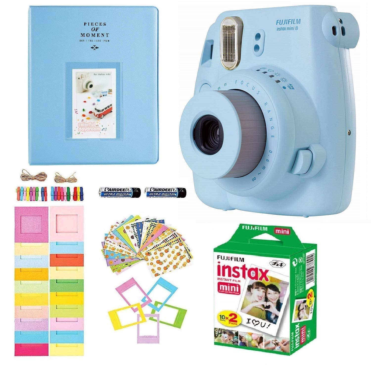 Fujifilm Instax Mini 8 Instant Camera – BLUE + Accessories Bundle Includes; Carrying Case, Acrylic Magnetic Picture frames, Album, Selfie Lens, Frames and Stickers + MORE