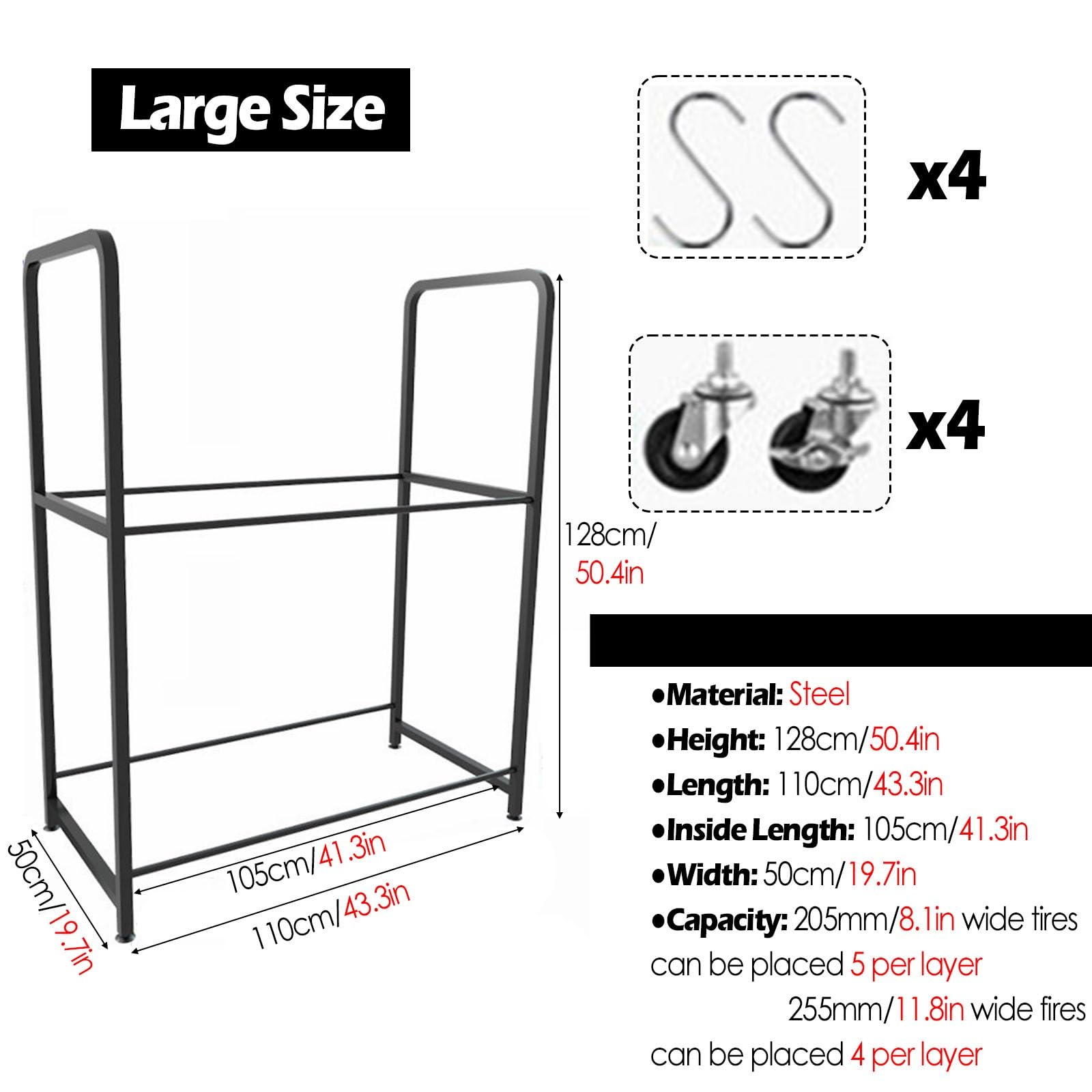 Porta Pneumatici su Ruote da Pavimento, Supporto per Pneumatici da Officina/Garage per Cerchi/Ruote di Scorta/Ruote da Pista, Supporto per Pneumatici in Acciaio Resistent,L