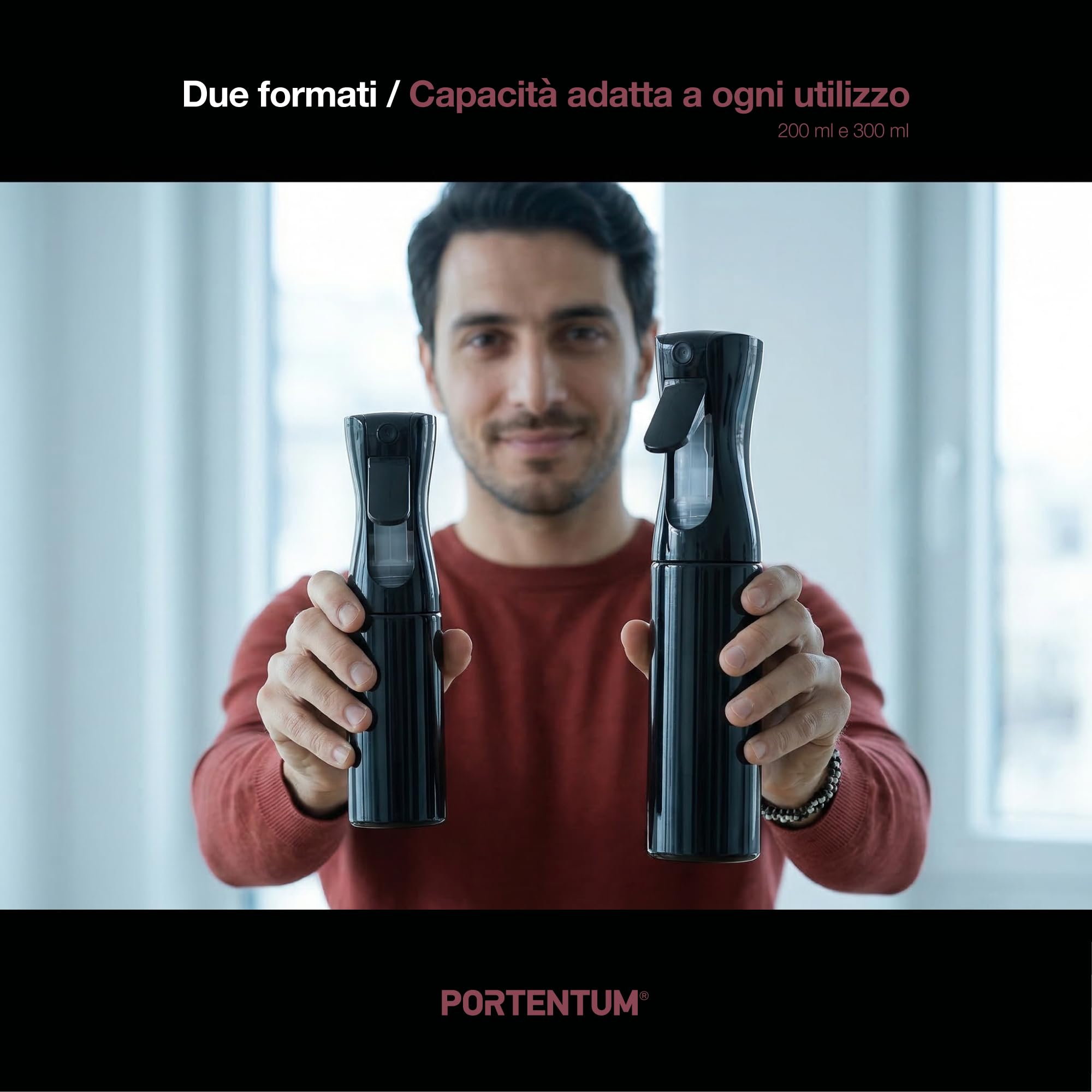 PORTENTUM Spruzzatore acqua 200 ml – Vaporizzatore ricaricabile a nebbia fine con spruzzo continuo – Design ergonomico – Spruzzino per capelli e nebulizzatore piante per casa e pulizia